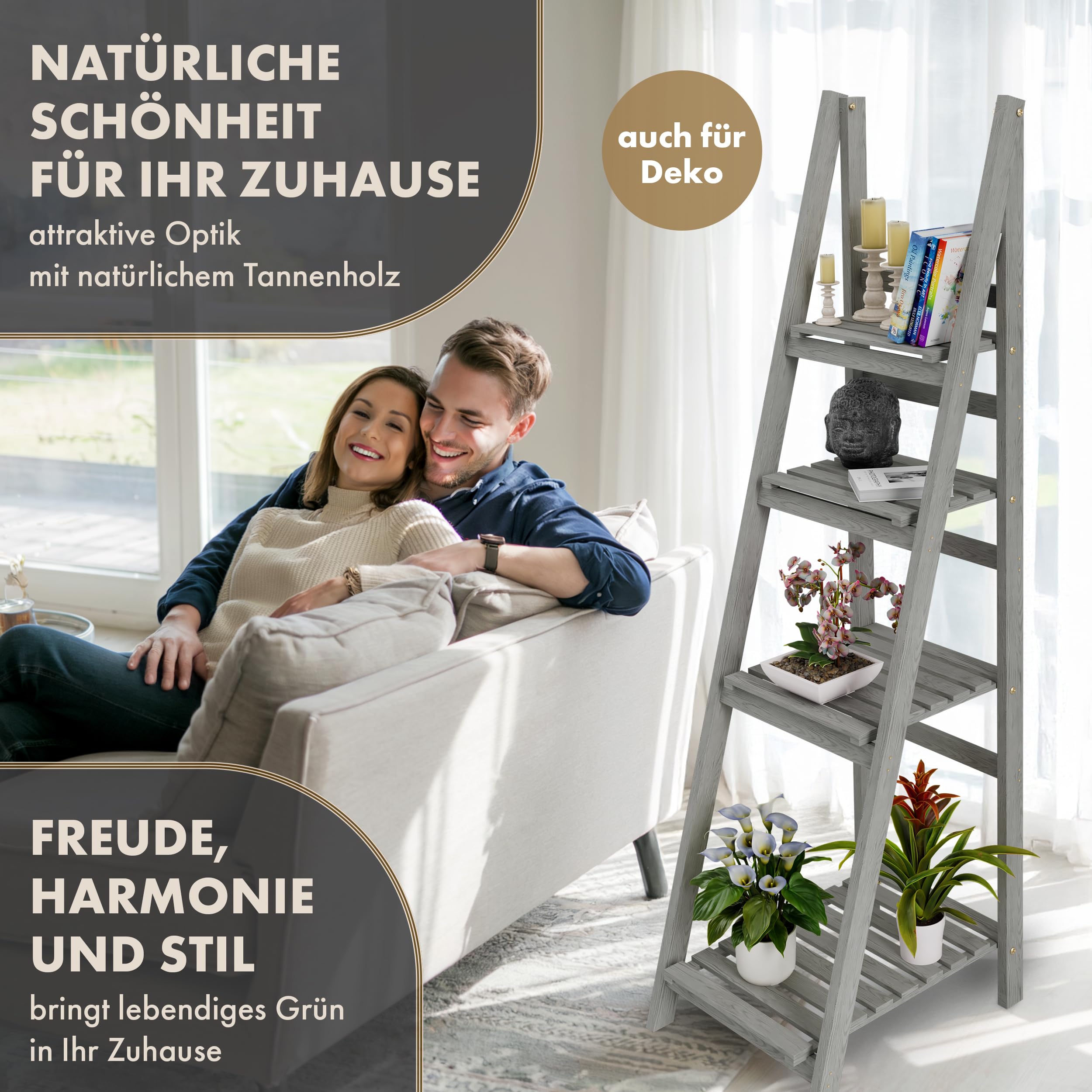 Blumenleiter 160cm Flower Ladder L 160x41x50cm hellgrau 4-Stufen - | Holz Leiterregal Blumentreppe Blumenregal Pflanzentreppe Kräuterregal für innen & draußen Balkon Terrasse Outdoor klappbar