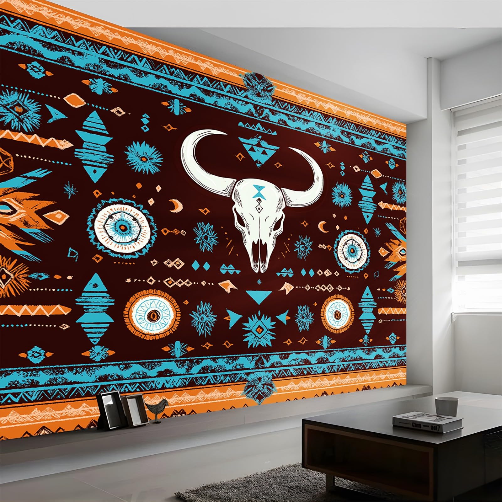 Panoramiczna tapeta boho plemienna czaszka pomarańczowa niebieska 200 x 140 cm (szer. x wys.), panoramiczna gigantyczna tapeta 3D salon sypialnia jadalnia pokój dziecięcy dekoracje ścienne z włókniny
