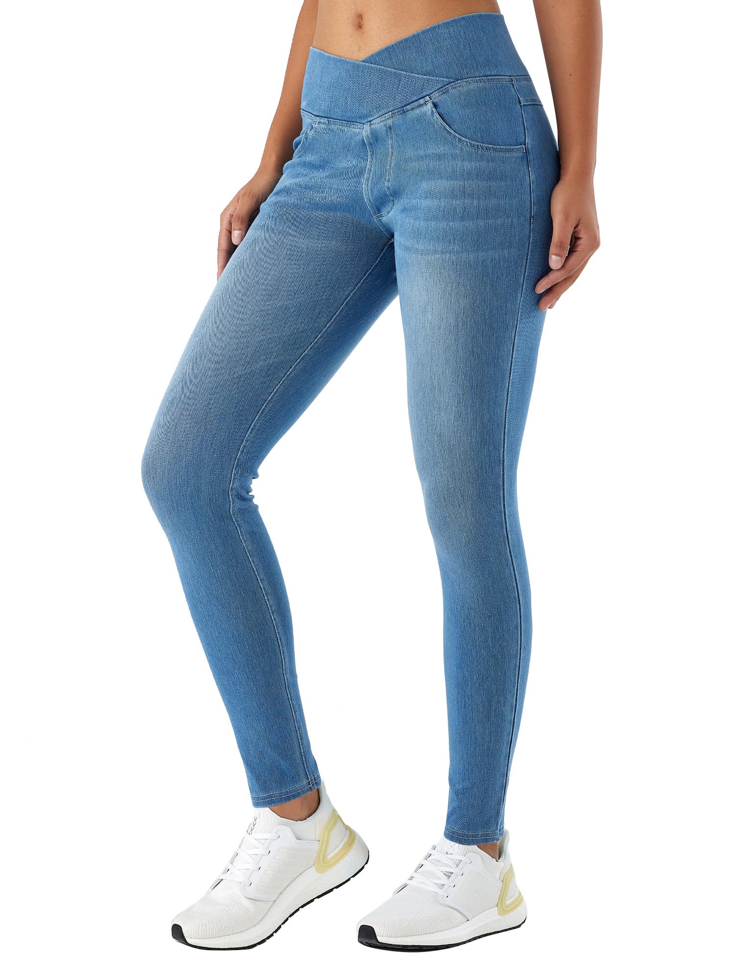 LaiEr Donna V Crossover Skinny Jeans Vita Alta Controllo Pancia Leggings Fitness Casual, Elasticità Morbida Stampa Denim Finto Casual con Tasche Laterali.