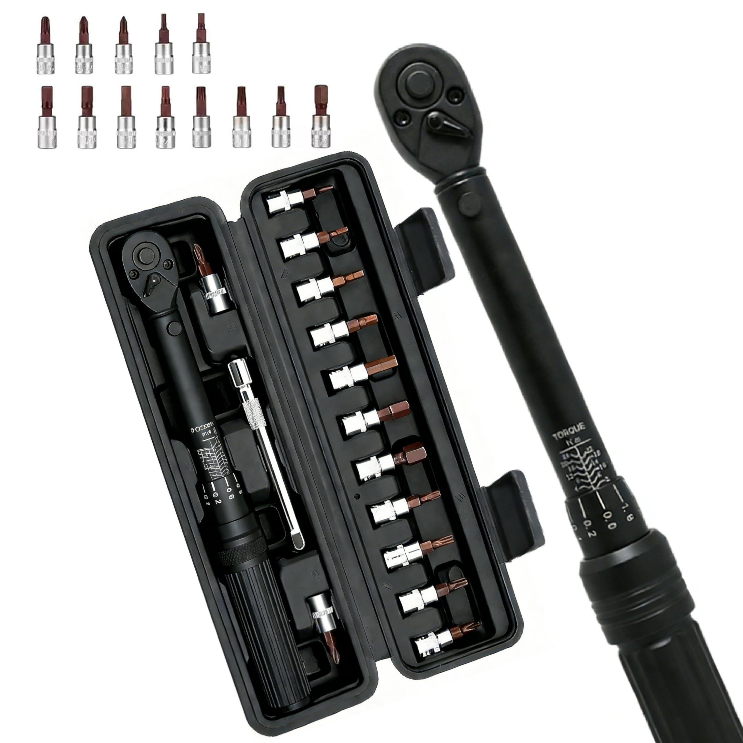 Juego de 15 llaves dinamométricas negras 1/4'' 2-24 Nm, Llave Dinamométrica Bicicleta de doble dirección, precisión ±3%, 72 dientes, para bicicletas y motocicletas，con estuche de almacenamiento