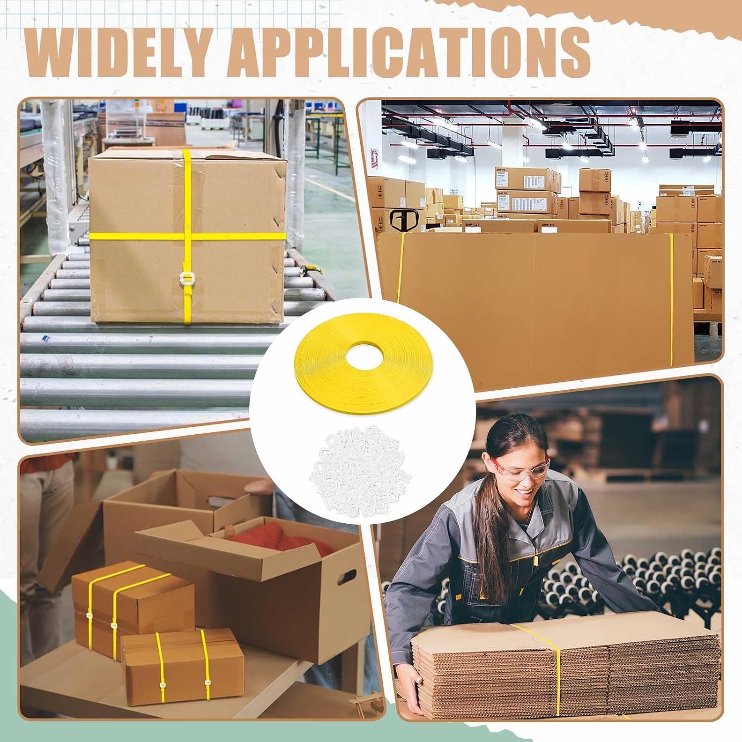 Gilprop Banding Strapping, Pallet Strapping, Packaging Coil, 492' Length1/2 Width, Box Packing Tool Kit, Poly Plastic Packaging Tool and 100 Pcs Plastic Buckles (Yellow)