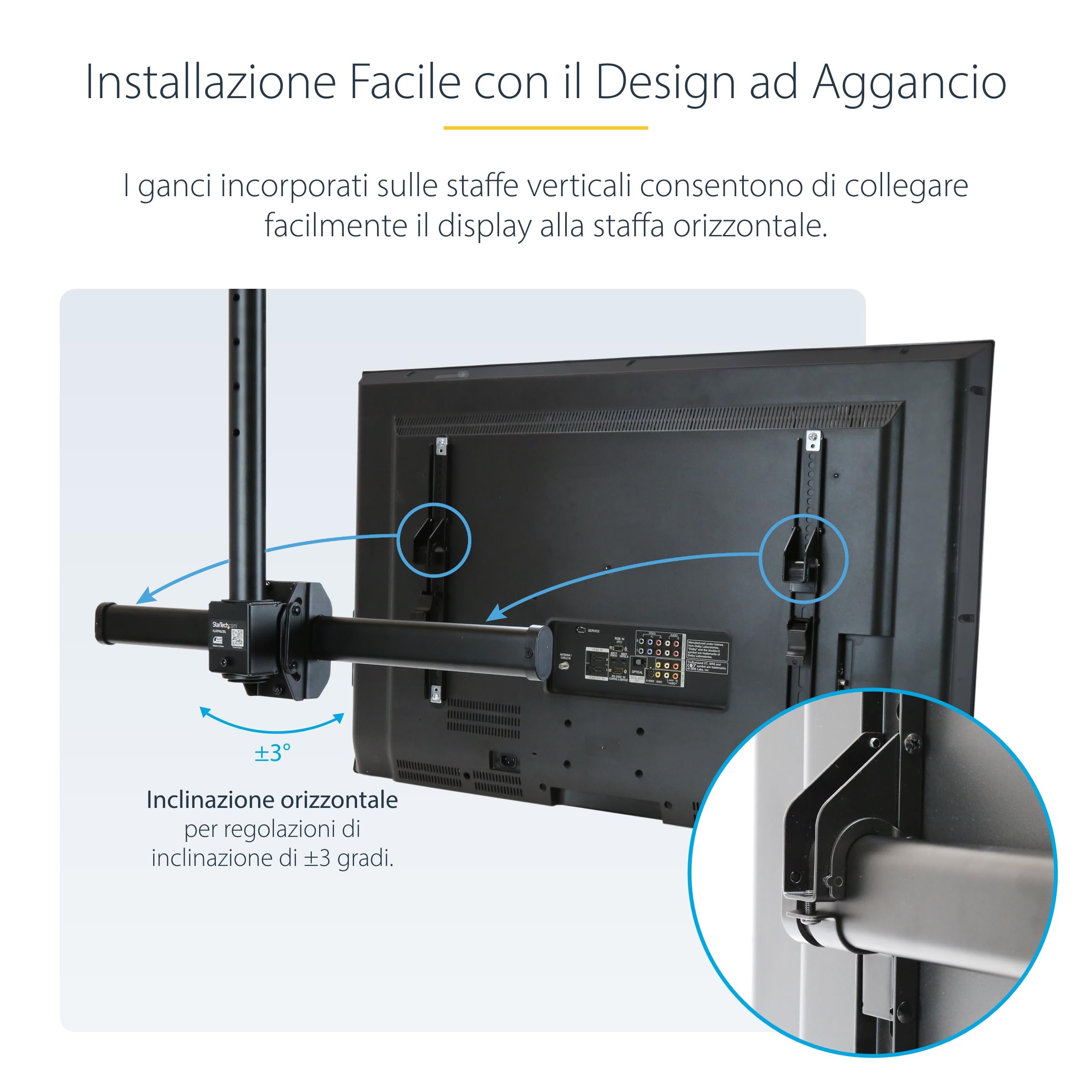 StarTech Supporto TV da Soffitto da 32" a 75" VESA (FLATPNLCEIL) | Asta Telescopica Regolabile, Schermo Singolo, Inclinabile e Girevole