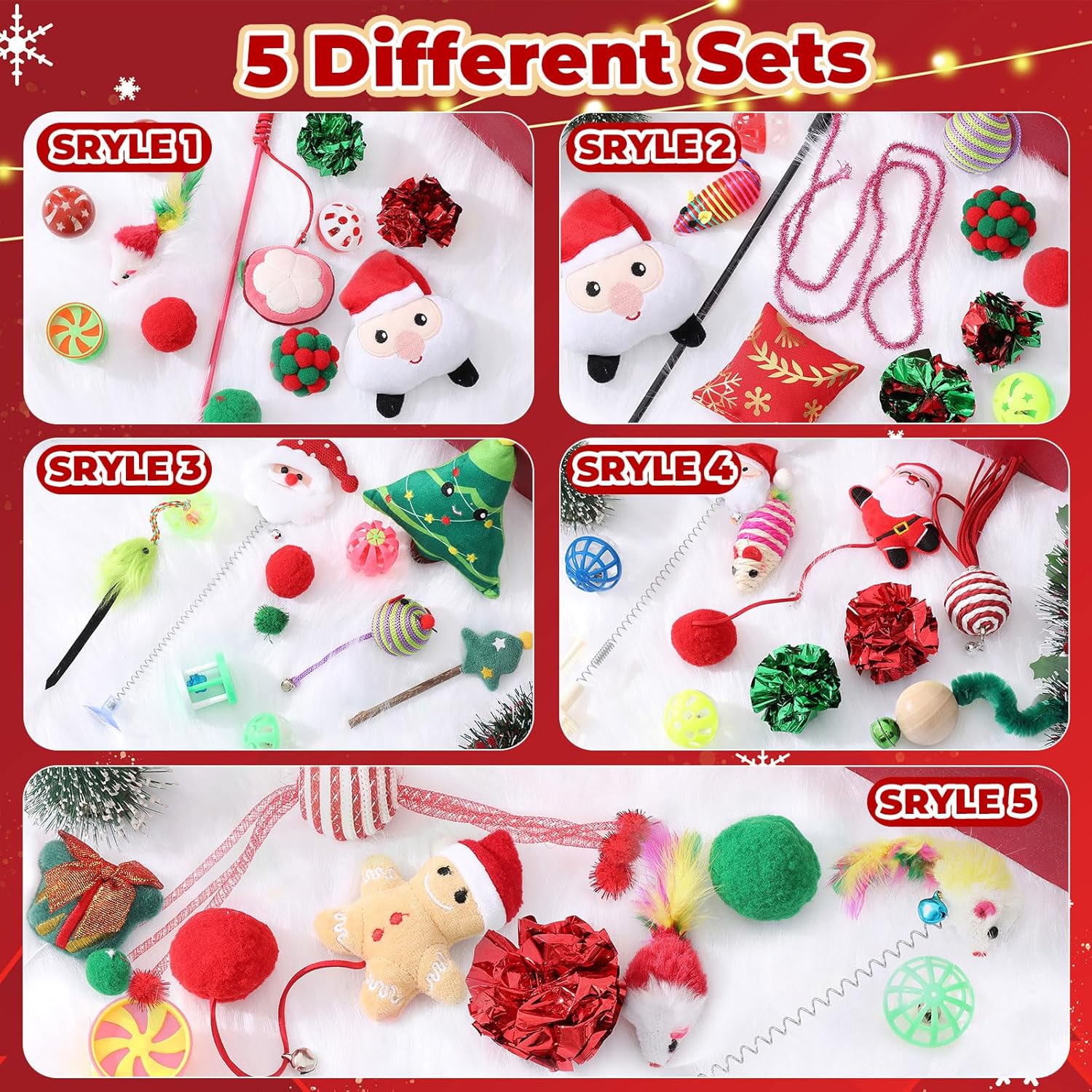 Shappy 5 Sets 55 Pcs Christmas Cat Stocking Toys with Cat Sticks Shaped Santa, Xmas Tree, Yarn Balls, Toy Mouse, Xmas Stocking Pet Set, Interactive Pet Gifts