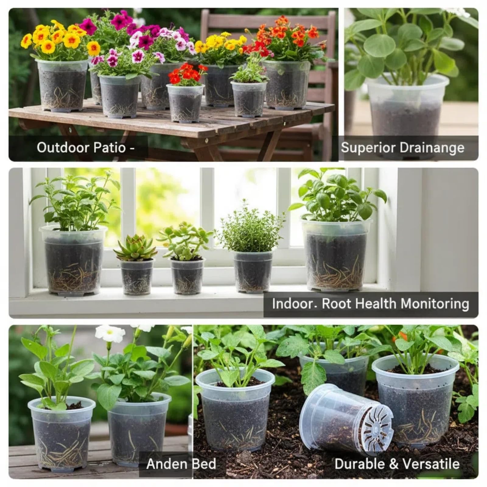 Lot de 12 pots de fleurs transparents extra épais de 13 cm, 15 cm, 17 cm, 19 cm avec plateaux et trous de drainage, adaptés pour l'élevage de semis et la plantation horticole