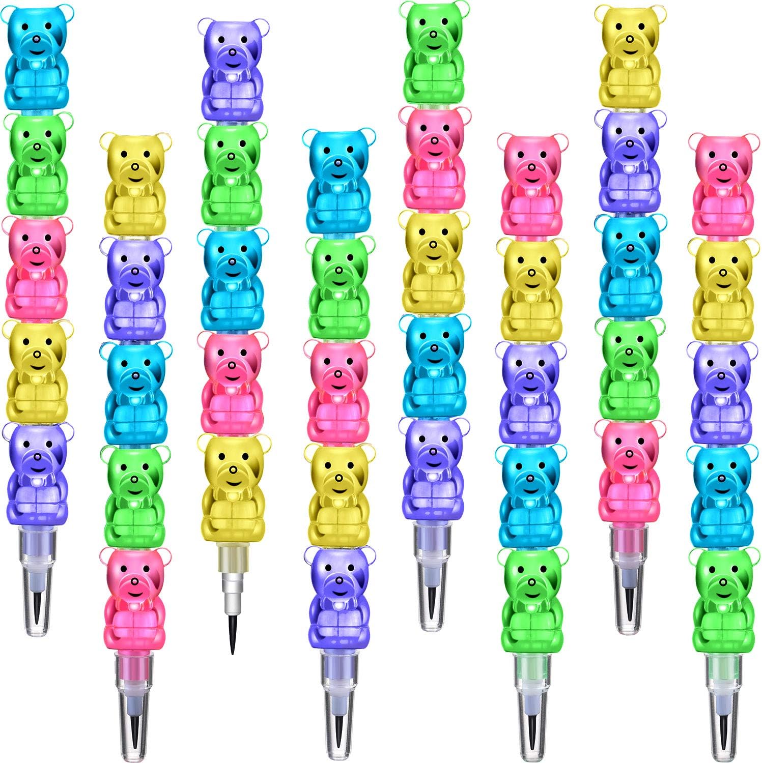Quesuc 30 Pieces Stackable Pencilsm, Plastic Bear Pencils kids stacking point pencils 5 in 1 Stacking Colored Pencils Party Favors for Birthday Party Supplies School Fun Equipment