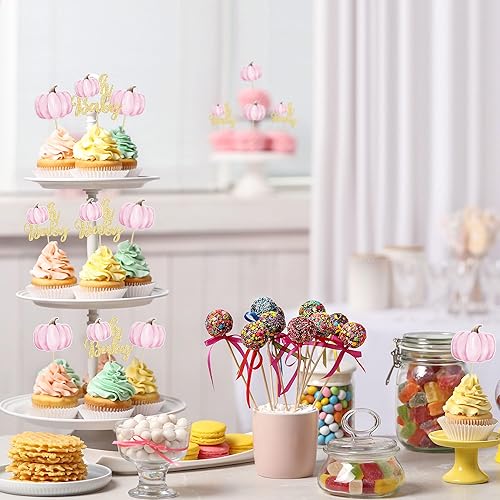 Miniatura 5 de Gyufise 24 piezas de calabaza Oh Baby Cupcake Toppers Pink Fall Pumpkin Cupcake Picks Baby Shower decoración de pastel de calabaza temática de