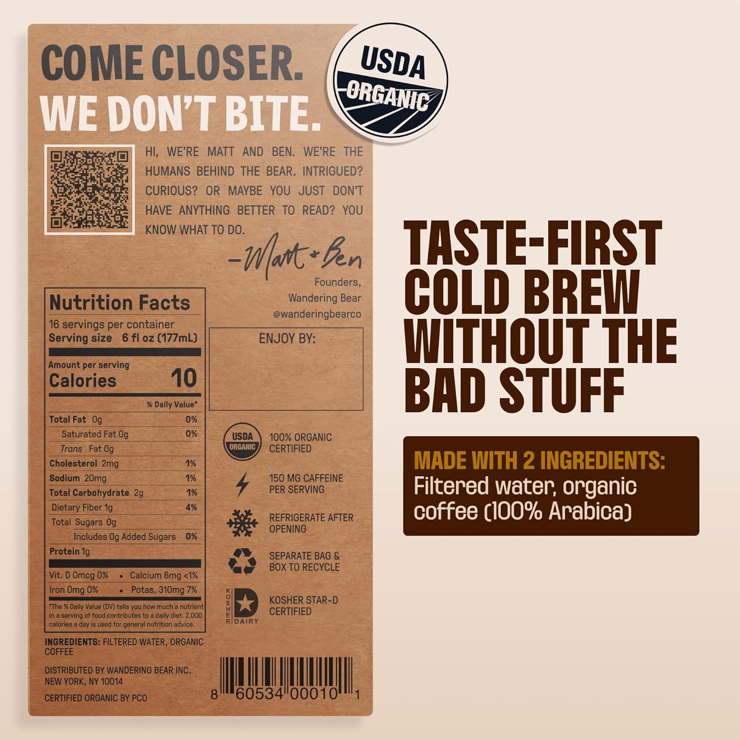 Wandering Bear Straight Black Organic Cold Brew Coffee On Tap, Iced Coffee Drink - Extra Strong, Smooth, No Sugar Added, Shelf-Stable, Ready to Drink & Vegan, 100% Organic - 16 Servings of 6fl.oz - 96fl.oz