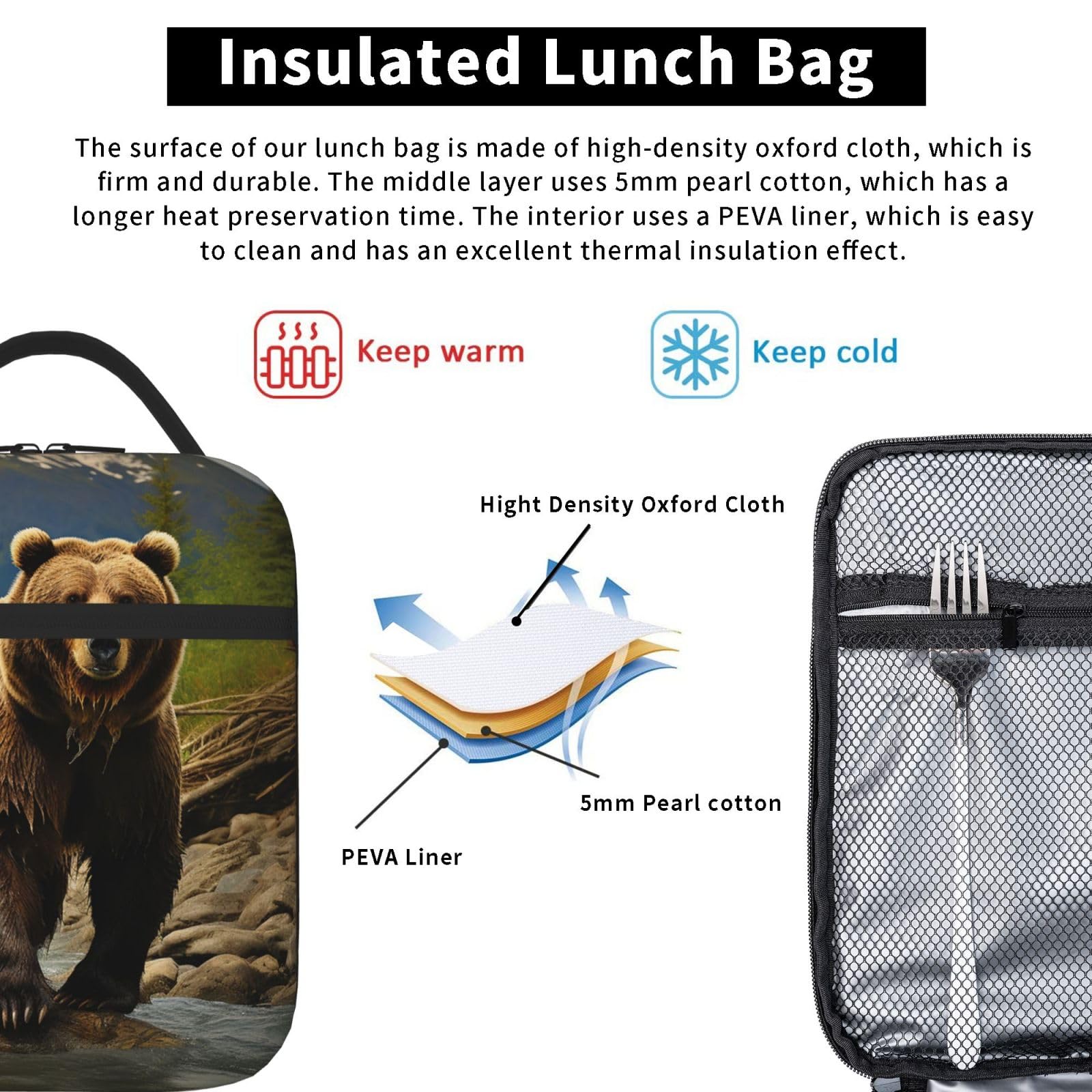Isolierte Lunchtasche Mit Bären-Muster – Für Arbeit, Picknick & Reisen, Ca. 25x20x10 Cm, Aus Polyester, Wasserdicht & Leicht Zu Reinigen