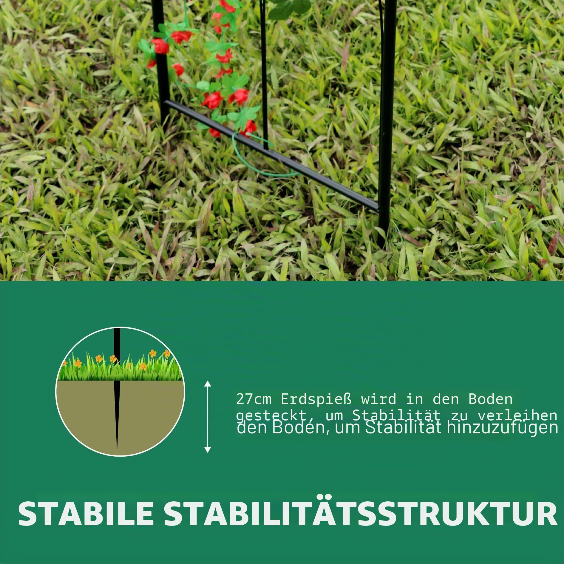 GARDEN Runder Metall Gartenpavillon 271 x 207 x 207 cm, Rankgitter für Kletterpflanzen, Rosenbogen mit 31cm Erdspießen, Vintage Pergola für Garten, Balkon, Blumenbogen für Rosen, Efeu, Jasmin