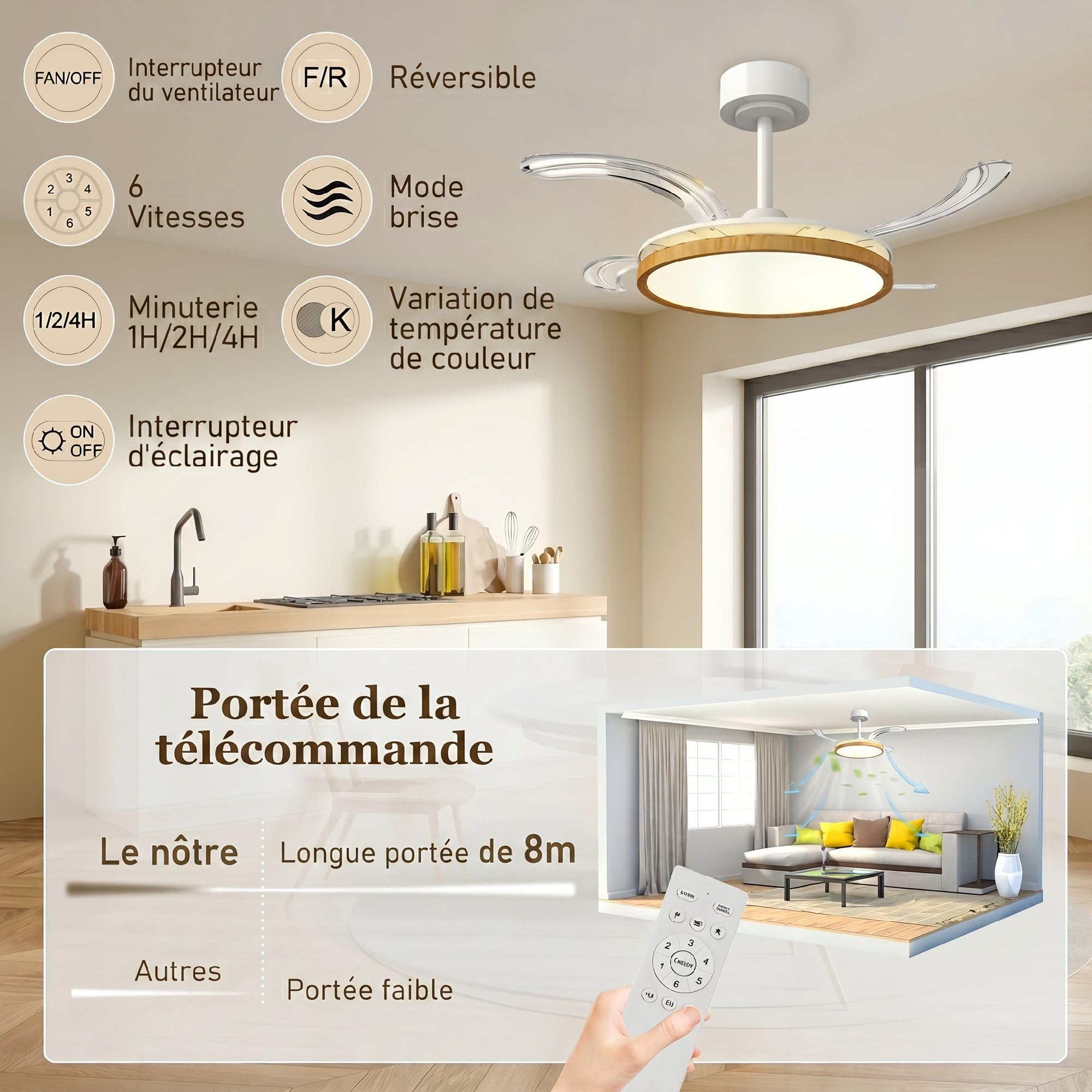 HOMCOM Ventilateur de plafond avec lumière LED, plafonnier ventilateur Ø95 cm, 4 pales rétractables moteur CC silencieux, 6 vitesses, 3 températures de couleur, télécommande, minuterie, mode été-hiver