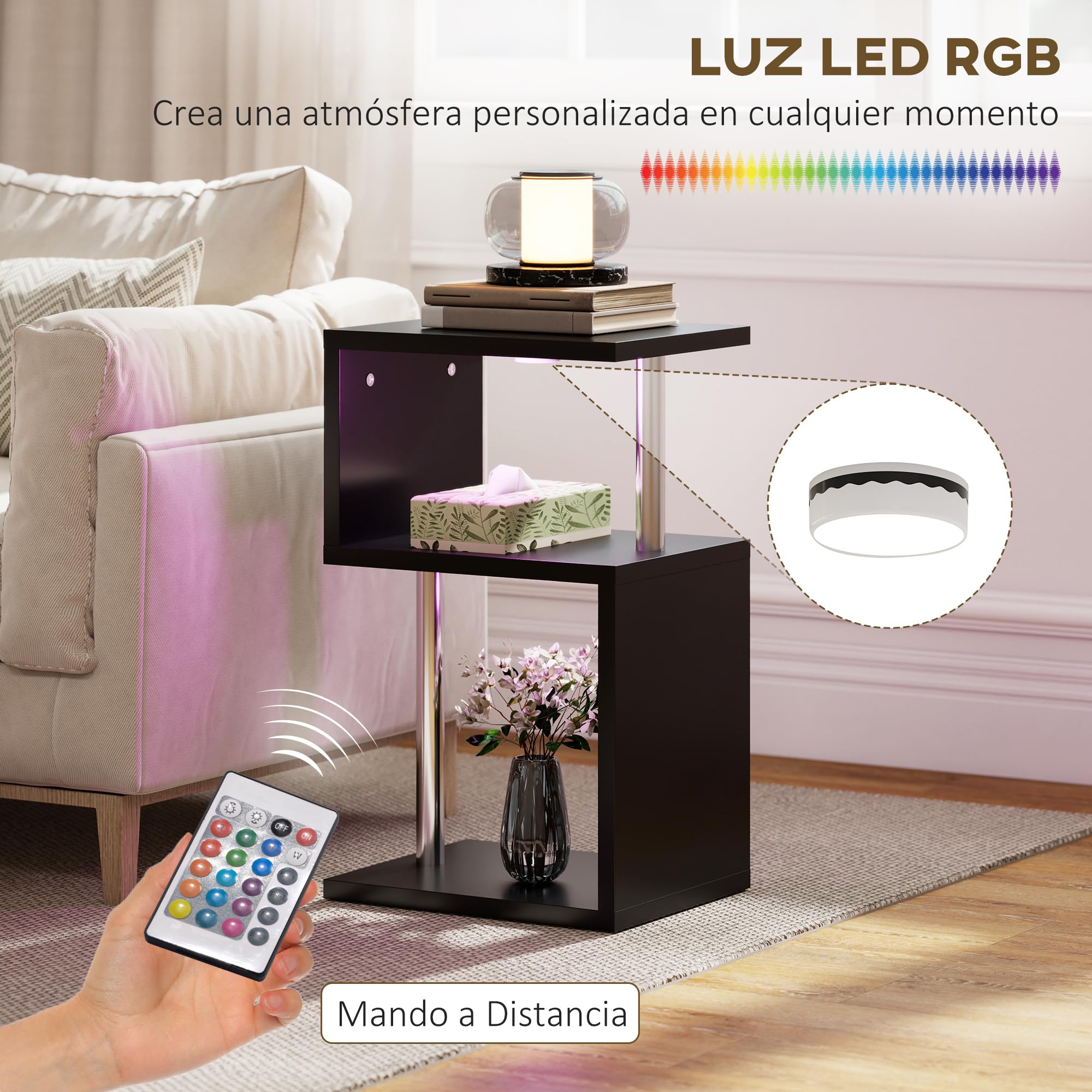HOMCOM Mesa Auxiliar Luz LED de 3 Niveles 44x38x75 cm Negro Brillo