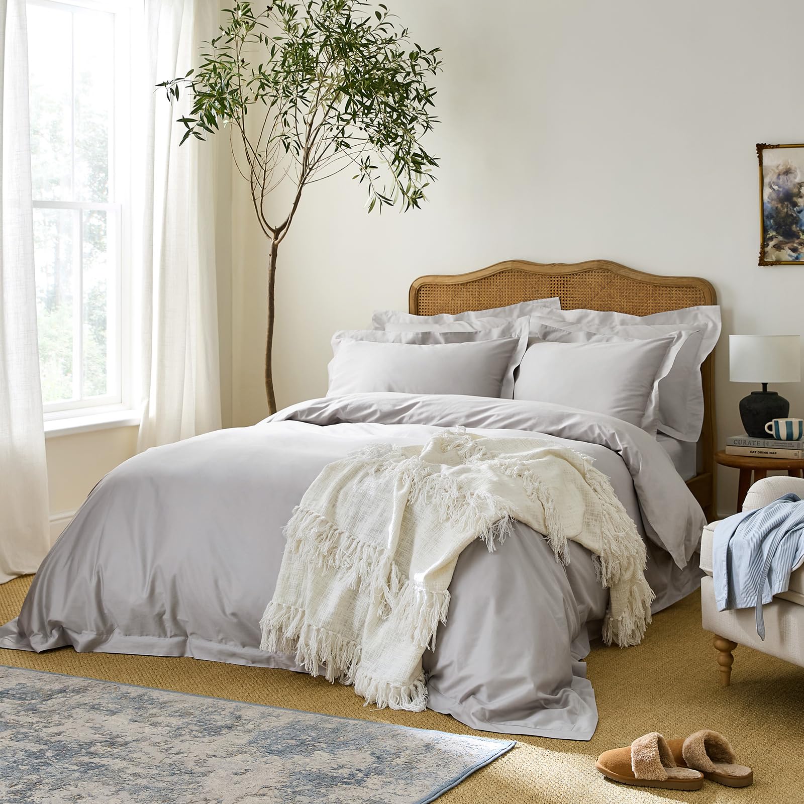 DIP & DOZE Luxury 100% Organic Cotton Edged Duvet Bedding Set | Duvet Cover with Pillowcases | Oxford Border Set | Soft And Smooth Finish Sateen - Dove Grey Superking
