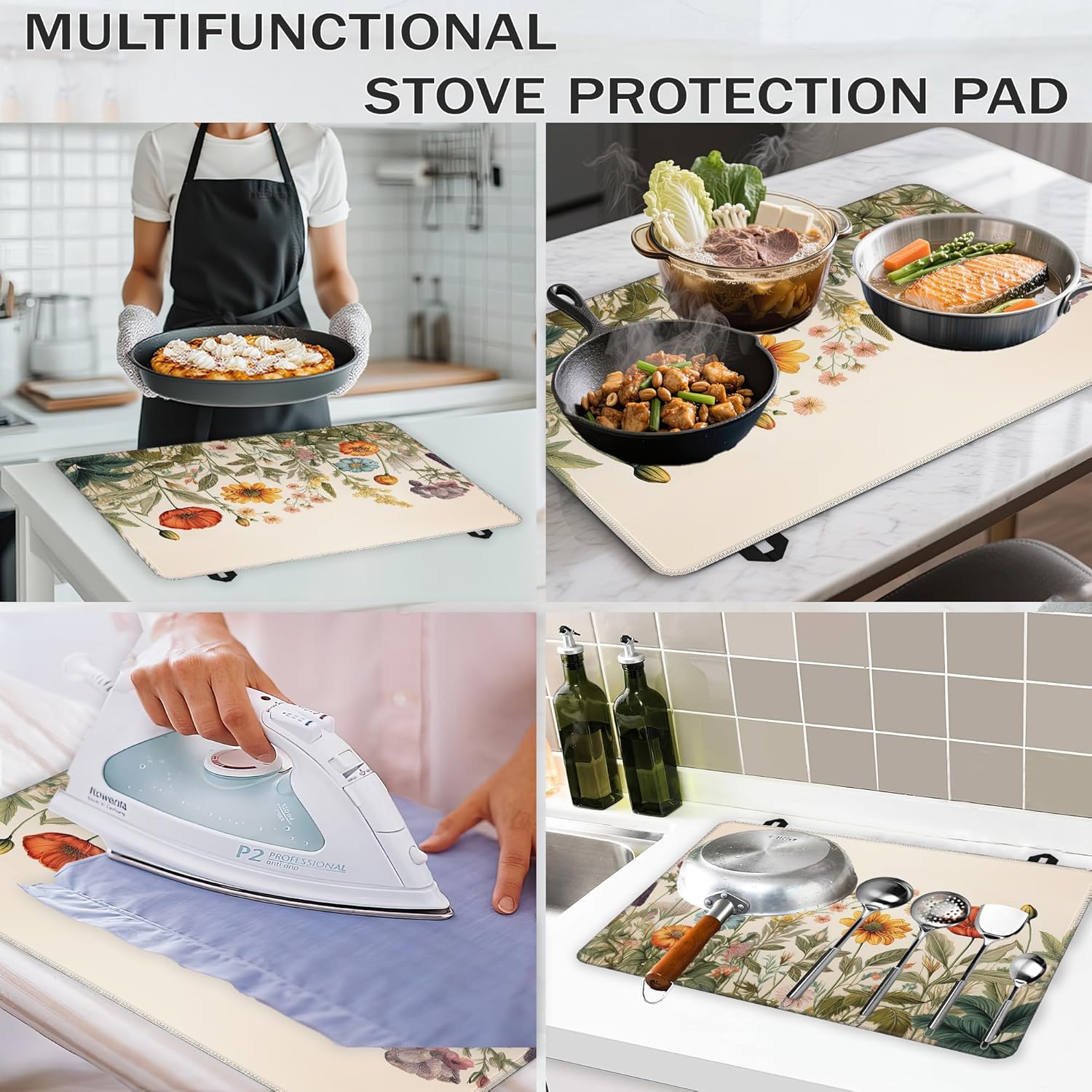 Wild Flowers Glass Top Stove Cover Protector,Rustic Floral Stove Top Covers for Electric Stove,Washable Heat Resistant Cooktop Mat Anti-Slip Range Covers, 28 x 20 Inch