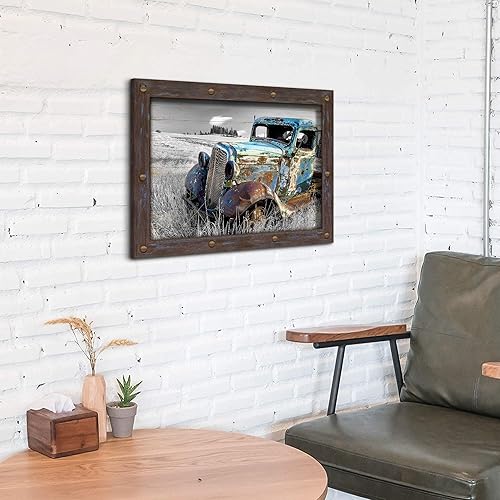 Miniatura 6 de Arte de pared de camión con marco de madera imagen de auto viejo azul oxidado, impresiones rústicas de automóvil, casa de campo, obra de arte
