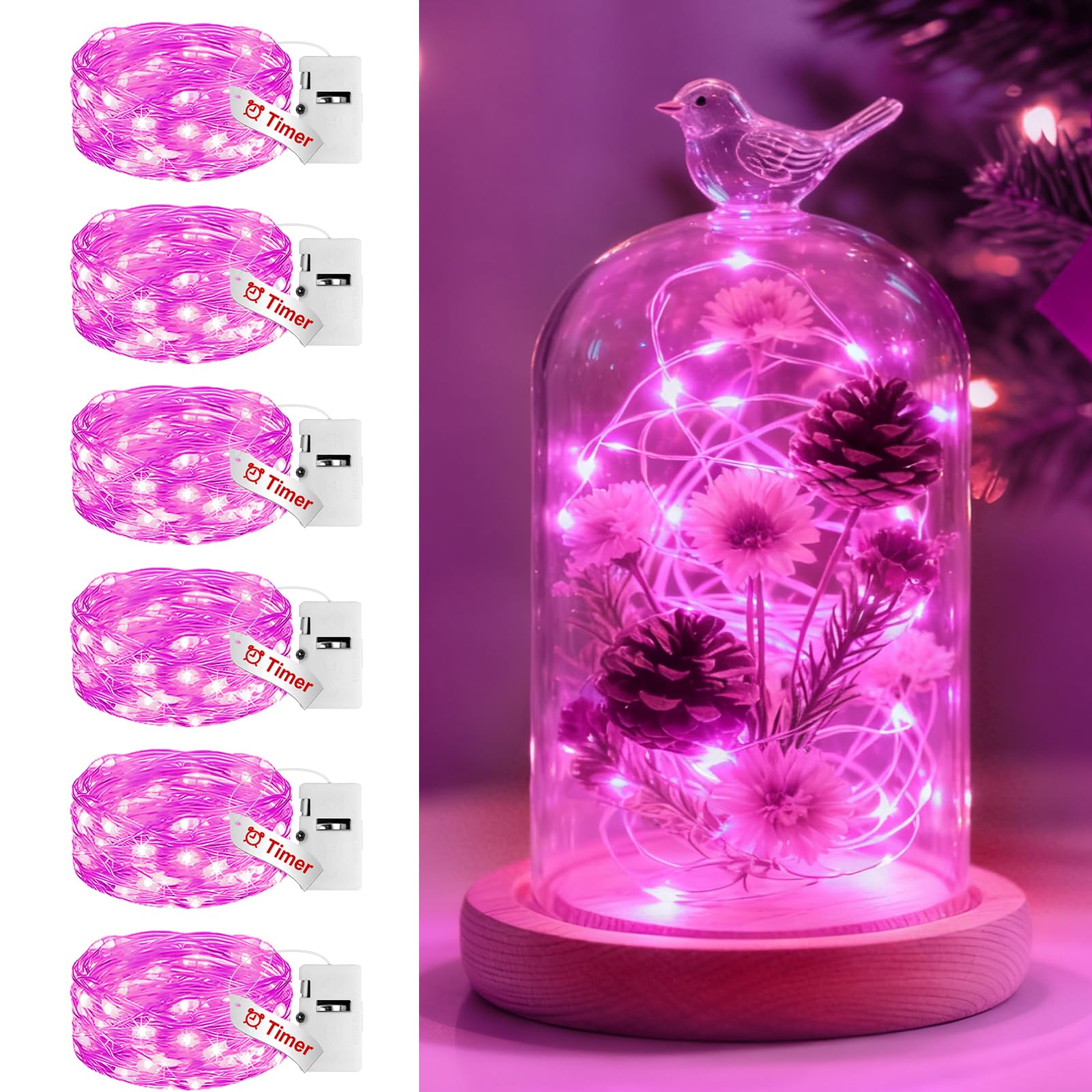 btfarm 6 Stück Mini Lichterkette Batterie mit Timer, 2M 20 LED Lichterkette Innen Batteriebetrieben 3 Modi Silberdraht Kleine Lichterketten Wasserdicht für DIY Party Weihnachten Hochzeit Rosa