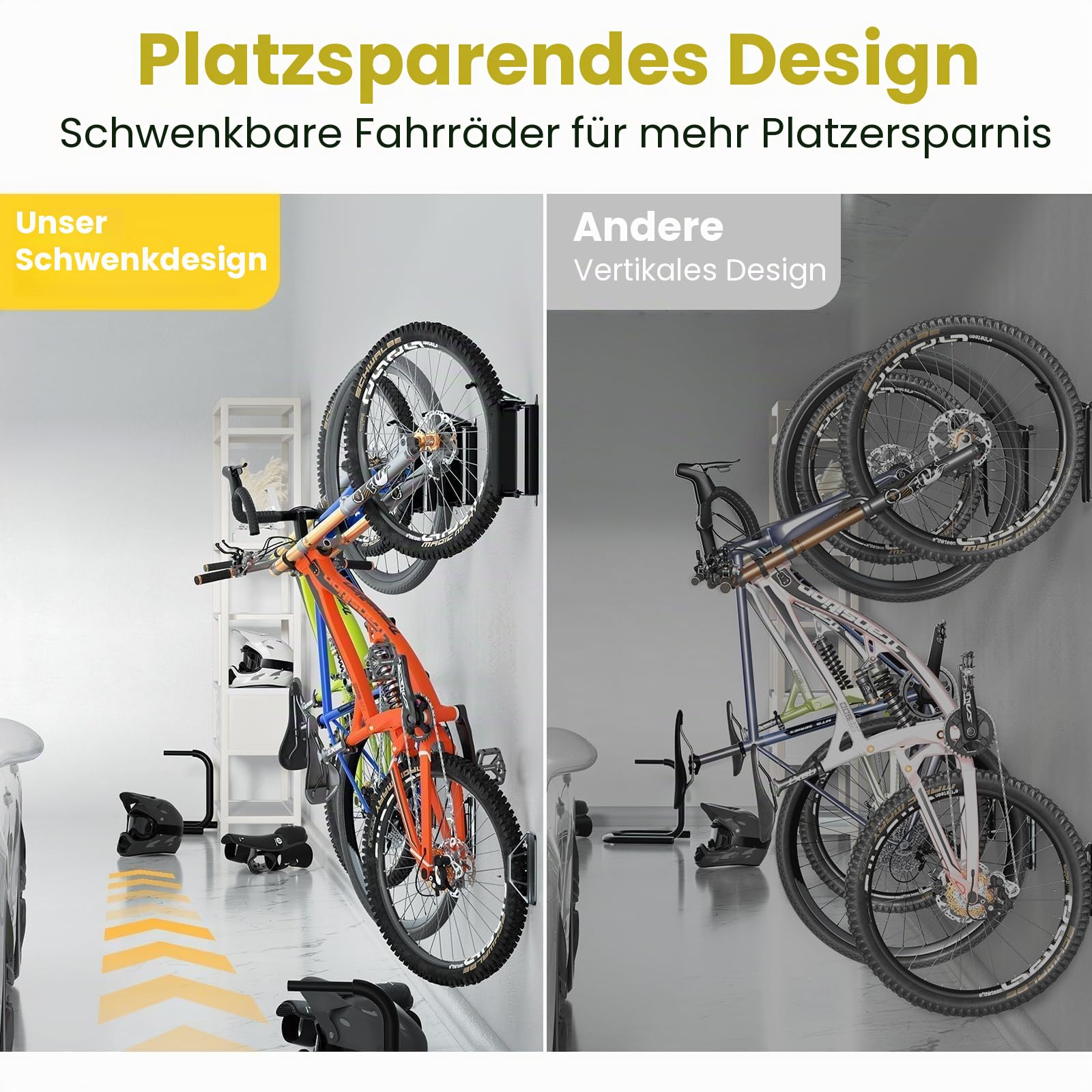 4 Stück Platzsparender Stabiler Wandfahrradständer, Fahrradaufhänger für den Innenbereich, Drehbare, Organisationslösung für Haus und Garage，66lbs/30KG