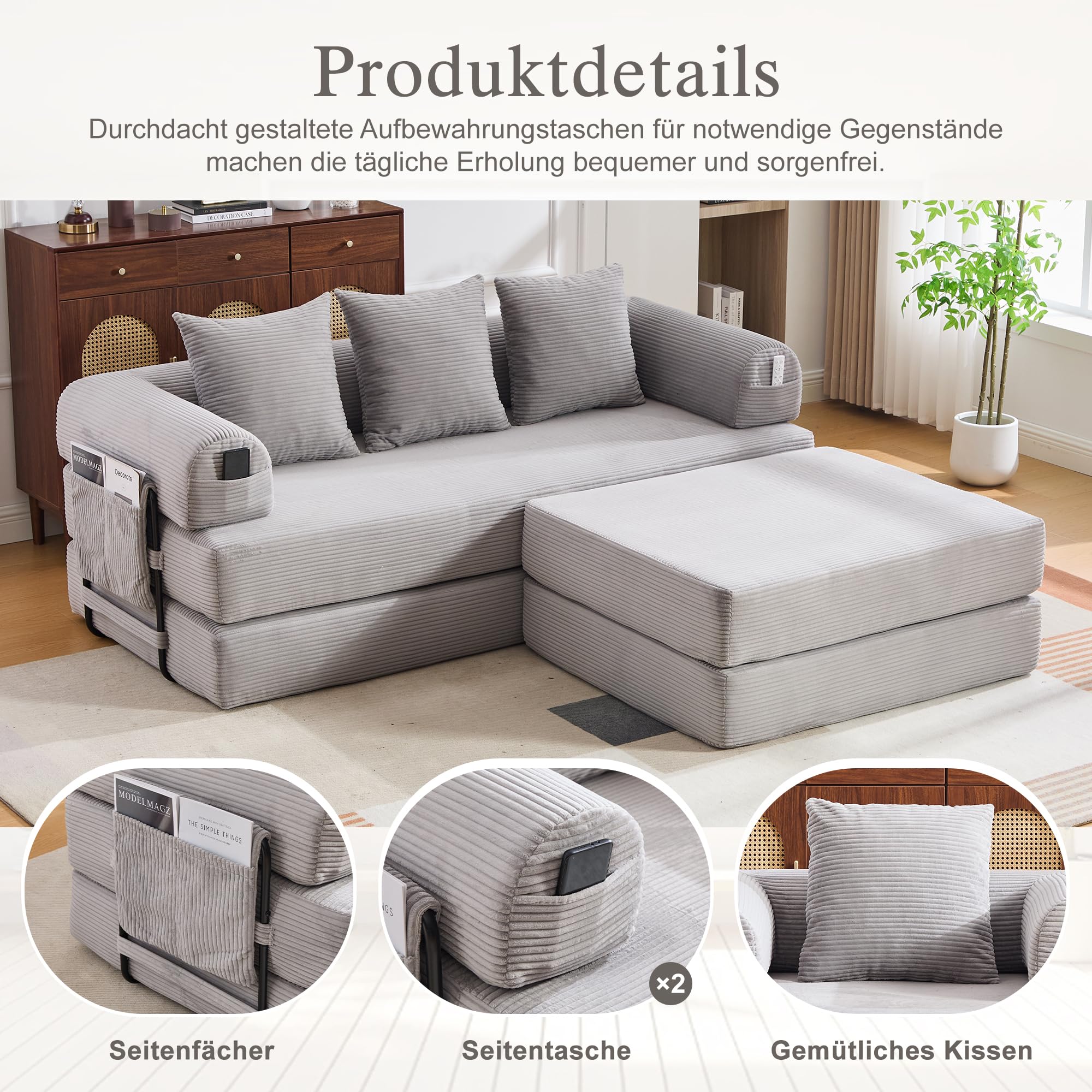 Sofá cama de compresión, 285 x 200 cm, gris claro, taburete modular