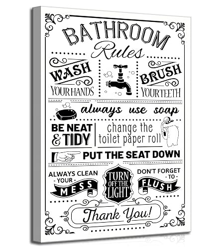 Wavkkey Funny Bathroom Rules Canvas Wall Art 12x16Inches | Black