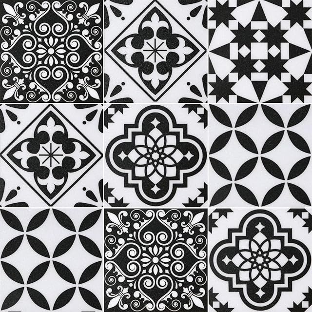 Adhesive Floor Tiles Peel and Stick Floor Tiles Vinyl Flooring for Kitchen Bathroom Living Room Waterproof Black White 20X20cm 10pcs
