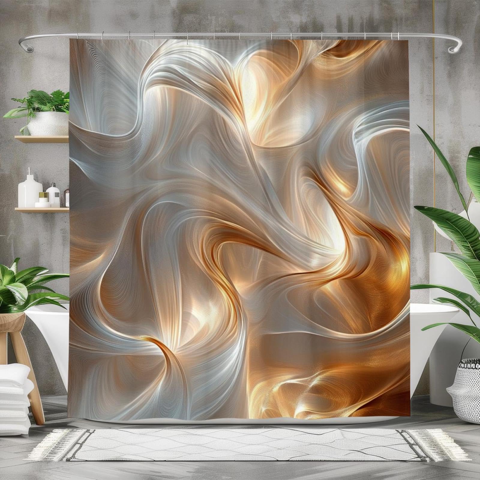 Rideau de douche abstrait chic en tissu haut de gamme or et argent 100x200