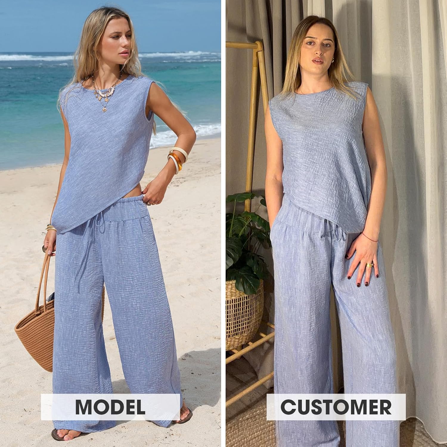 EXLURA Womens Summer Two Piece Sets Cotton Asymmetrical Tank Tops Wide Leg Pants Set Faux Linen Beach Vacation Cruise Outfits - Image 2
