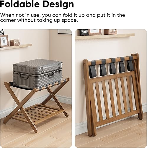 Miniatura 10 de Smuxee Portaequipajes de nogal totalmente montado, soporte de maleta plegable de bambú mejorado con 5 correas de nailon, soporte de equipaje