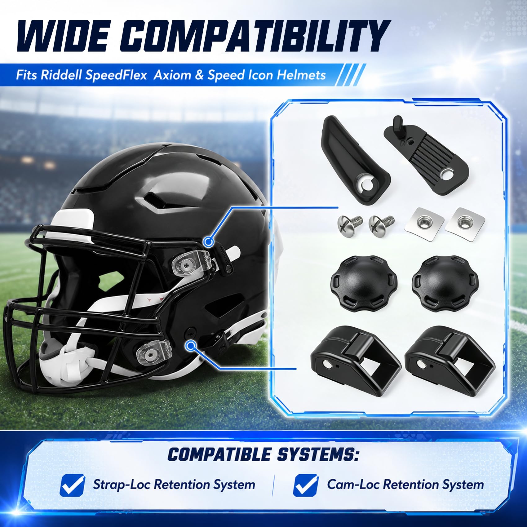 Football Helmet Chin Strap Hardware Bundle for Riddell SpeedFlex, Black