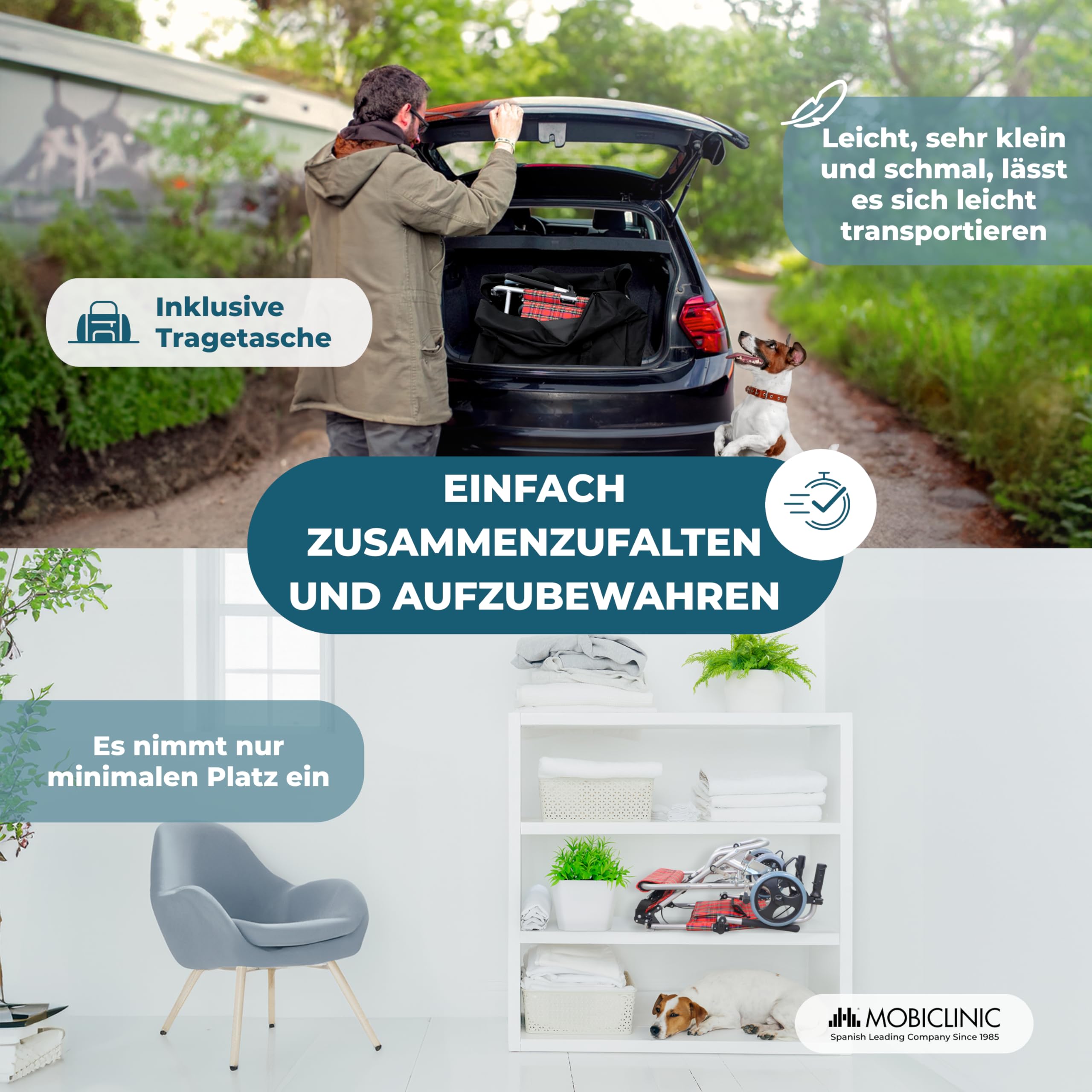 Mobiclinic®, Transitrollstuhl, Modell Neptuno, Aluminium, Klappbar, Bremse an den Griffen, Europäische Marke, Klappbare Fußstützen, Klappbare Armlehnen, Leichtgewicht, mit Sicherheitsgurt