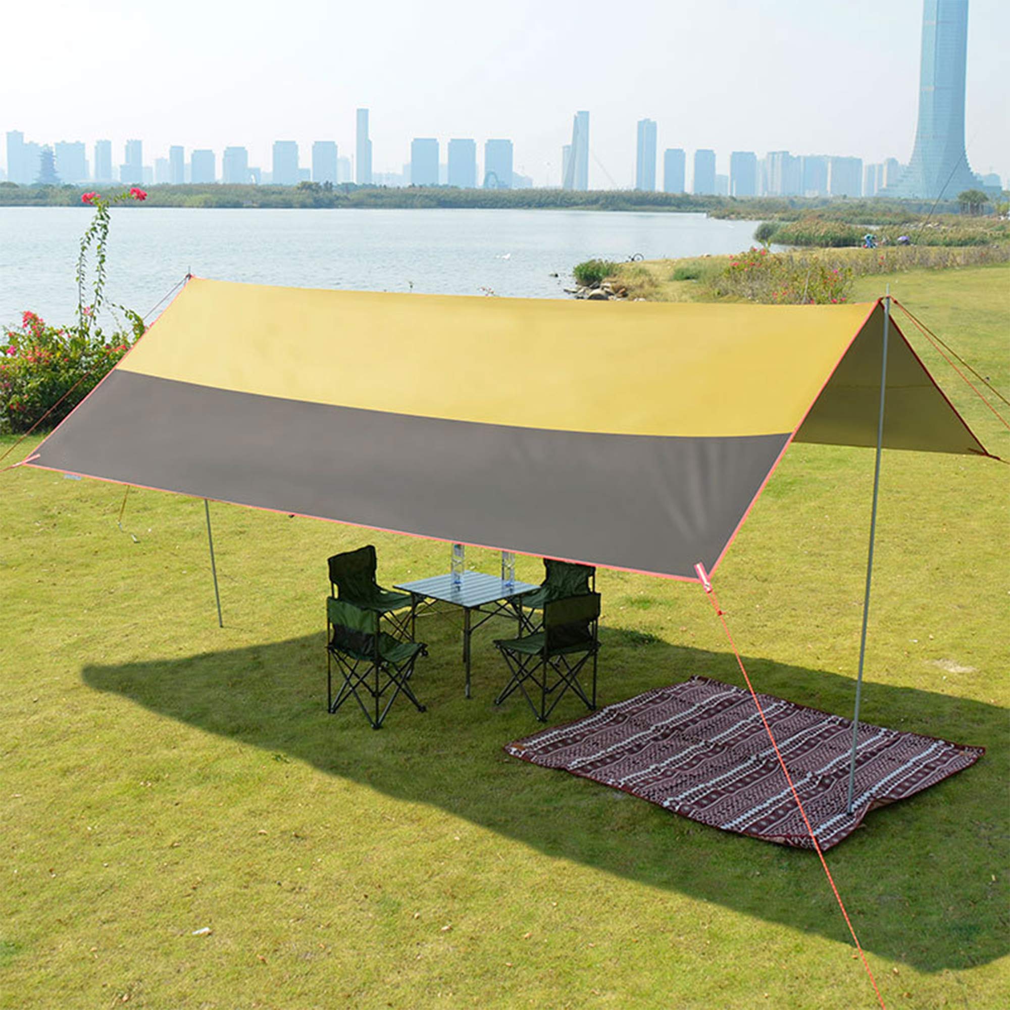 HIOD Bâche de Camping Tente de Mouche de Pluie Abri de Pluie Léger Coupe-Vent Imperméable, Pare Soleil Portatif pour la Randonnée de Voyage, 3M X 3M,