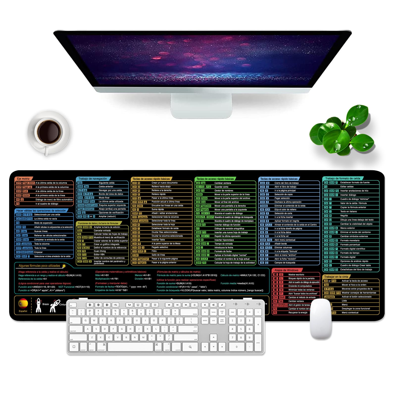Excel Shortcuts Alfombrilla de ratón negra alfombrilla de escritorio XL grande Gaming Mouse Pad Memo Escritorio Mat Teclado Mouse Mat (Español)