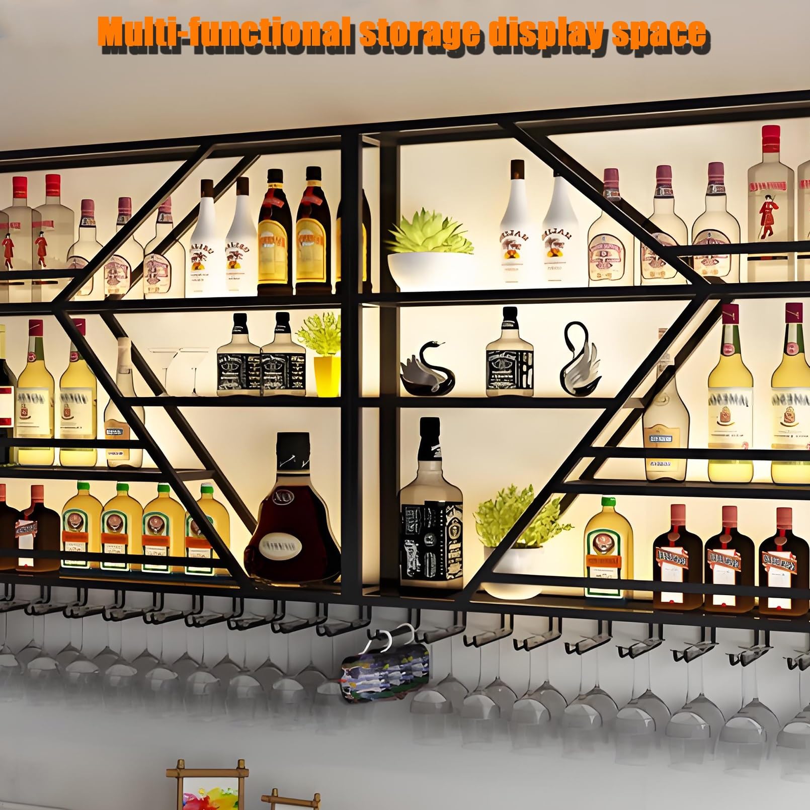 Étagère flottante en métal avec éclairage LED pour affichage mural de bouteilles de vin et d'alcool - Solution de rangement multifonction peu encombrante