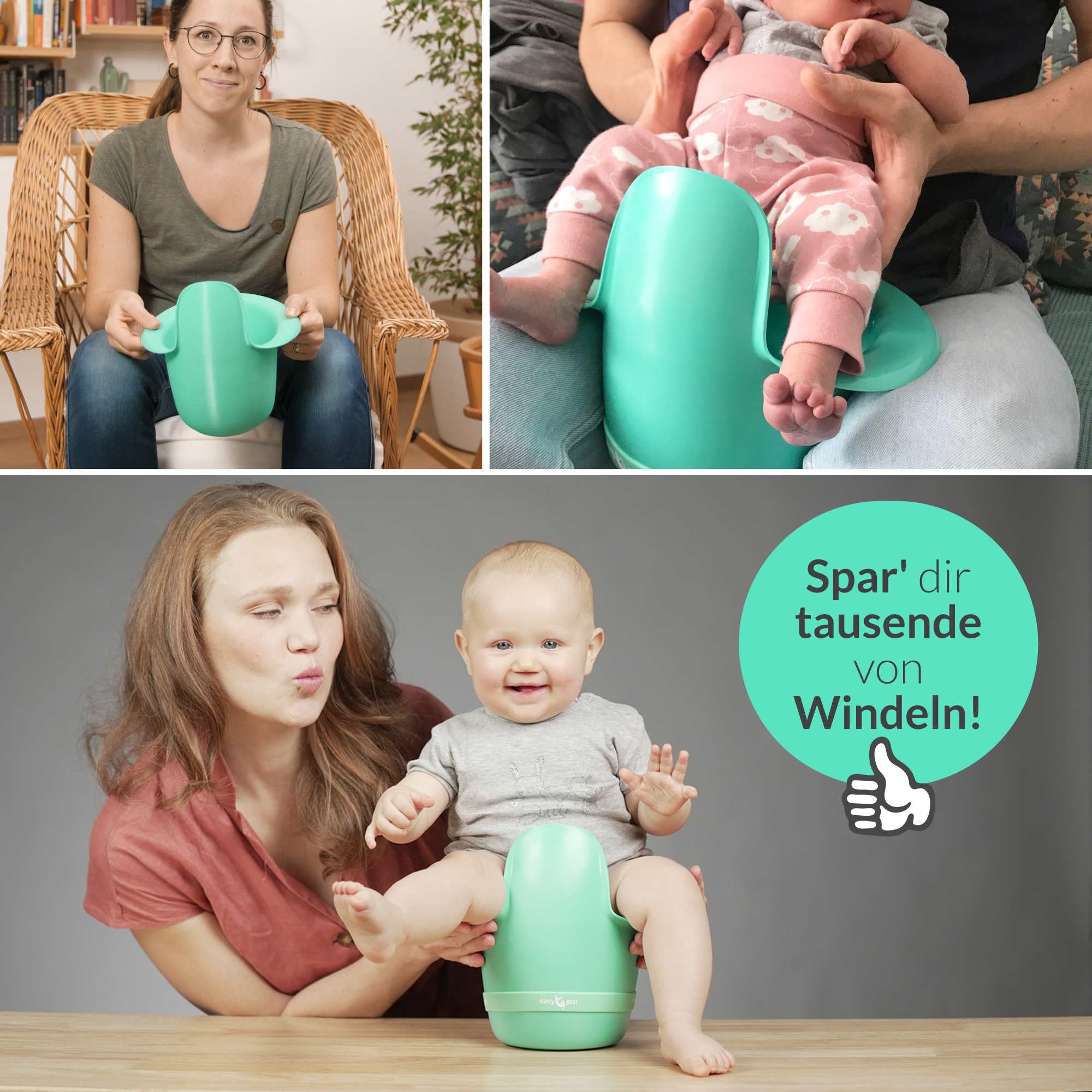 Bömmi Set (Türkis) - das mobile Töpfchen für Babys mit praktischem Gestell zum Sitzen - Abhaltetöpfchen, Nachttopf für Kinder, Jungen/Mädchen, ab Geburt bis 24 Monate, MADE IN GERMANY