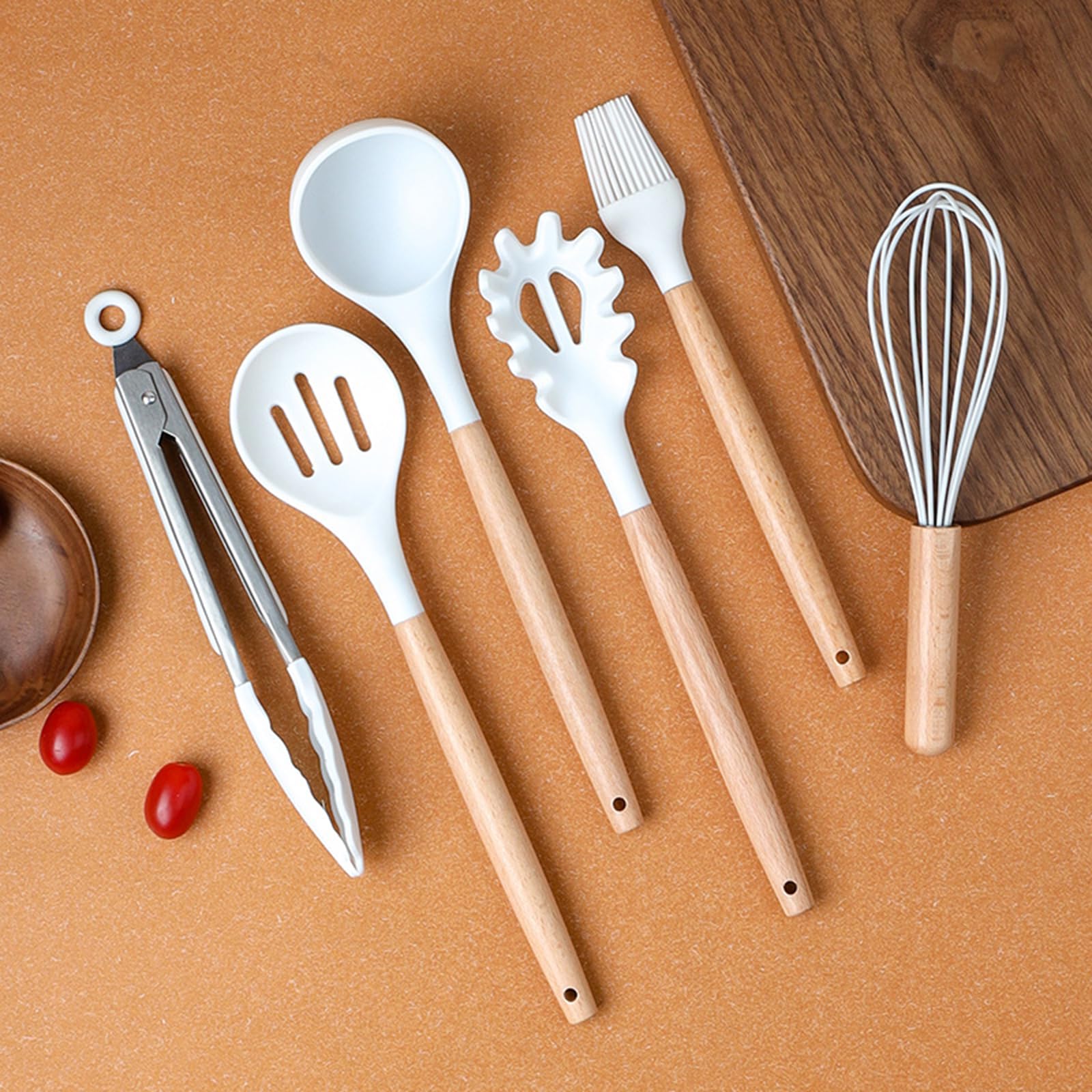 12 Stück Küchenhelfer Set, Silikon Küchenutensilien Set, Antihaft Hitzebeständiger Holzgriff Kochbesteck Mit Utensilienhalter, Silikonspatel Kochgeschirr Set, Spülmaschinengeeignet