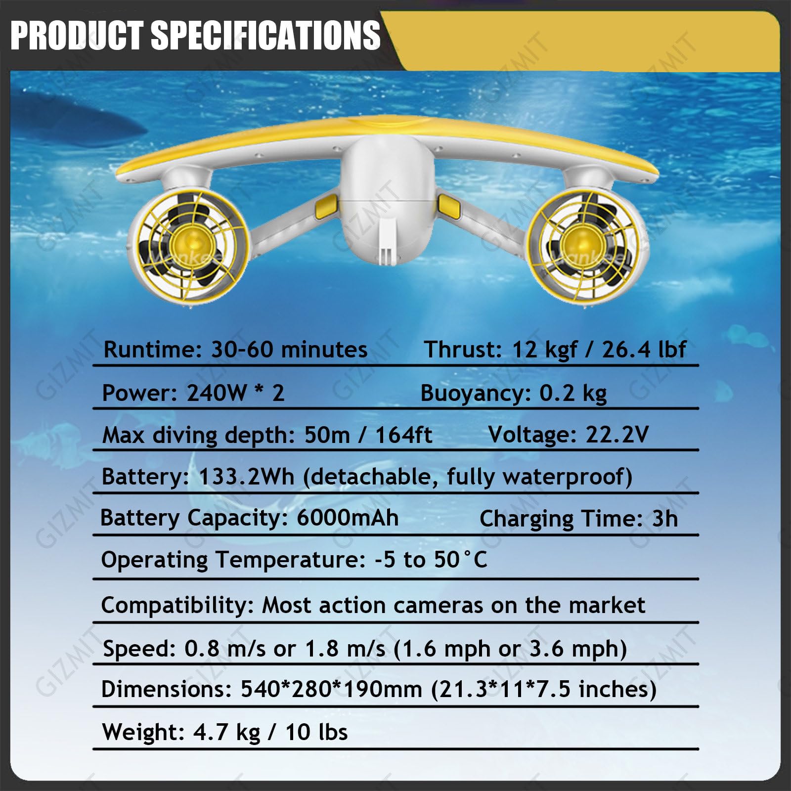 Scooter acuático, Scooter Submarino para Adultos,Scooter acuático con Doble Motor,Soporte para cámara de acción,Doble Motor,Profundidad de inmersión de 50m,para Aventuras Marinas Yellow