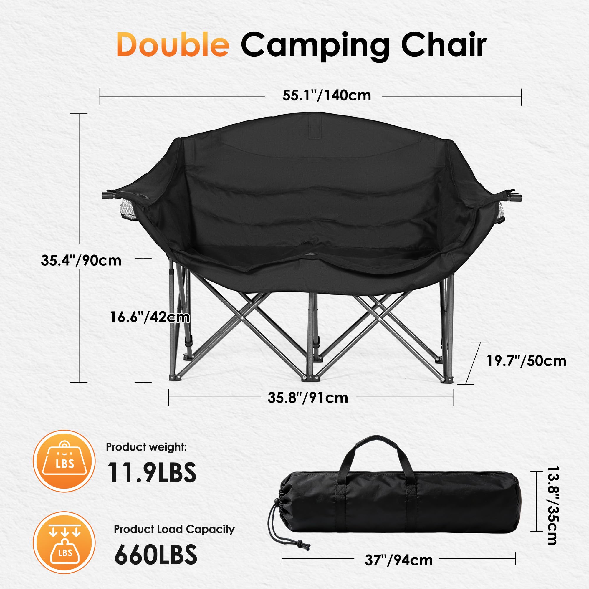 SogesPower Doppelter Campingklappstuhl mit 2 Getränkehaltern & Weinglas Halter – Gepolsterter 2-Sitzer (50x140x93 cm) – Stahlgestell 300 kg Tragfähigkeit – Für Strand, Picknick, Garten, Konzerte