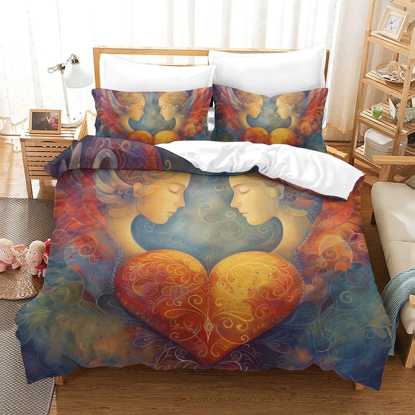 Parure de lit 3 pièces motif ange 3D king size 220x240 avec housse de couette zippée adulte