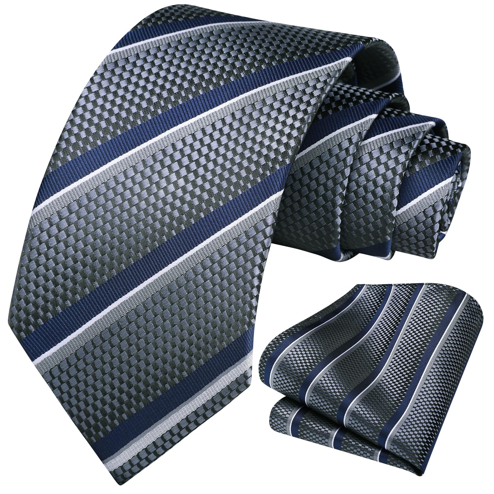 HISDERN Striped Wedding Tie Handkerchief Men's Necktie & Pocket Square Set