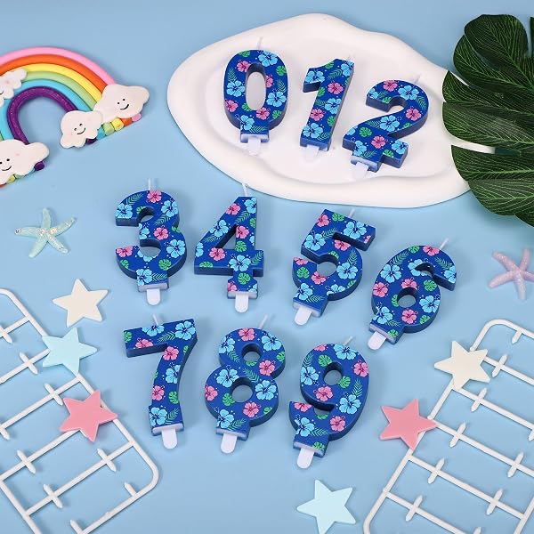 Bougie d'Anniversaire en Forme de Chiffre de Dessin Animé, Décoration Gâteau 3D Bleue Sur le Thème des Animés et d'Hawaï avec Motif Floral pour les Fêtes d'Enfants (Garçons et Filles) (Numéro 6) - 3