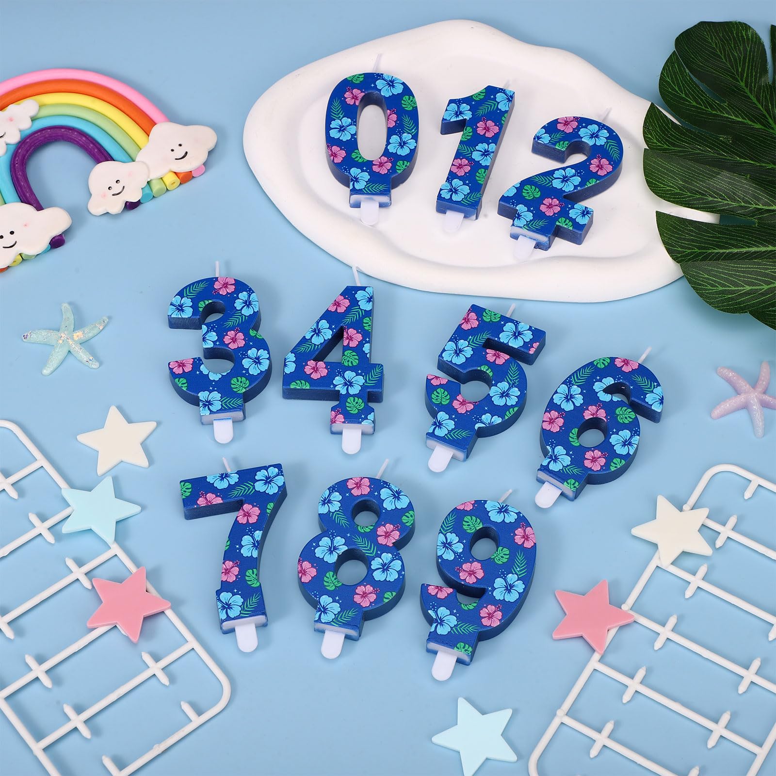 Bougie d'Anniversaire en Forme de Chiffre de Dessin Animé, Décoration Gâteau 3D Bleue Sur le Thème des Animés et d'Hawaï avec Motif Floral pour les Fêtes d'Enfants (Garçons et Filles) (Numéro 6) - 3