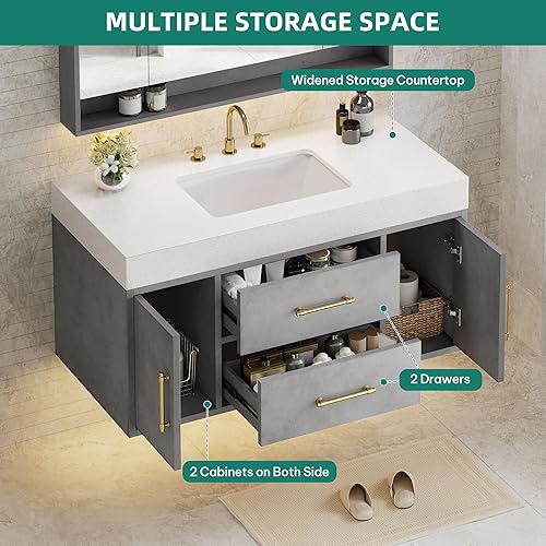 Miniatura 9 de DWVO Tocador de baño flotante negro de 40 pulgadas, tocador de baño montado en la pared con encimera de piedra de cuarzo blanco y lavabo