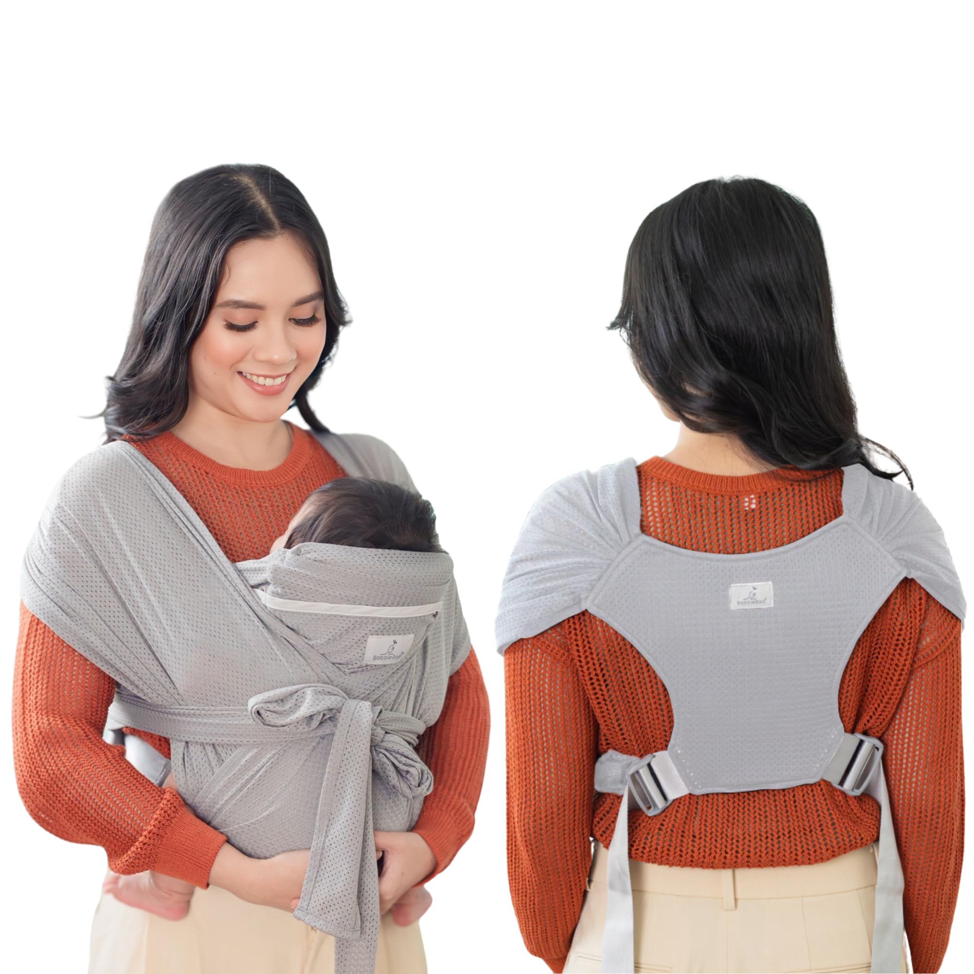 BabbleRoo Baby Wraps Carrier - Baby Essentials Baby Sling Carrier, Secure & Comfortable, Breathable, Easy-to-use, Adjustable XS to XL, Promoting Parent-Child Bonding, Gray