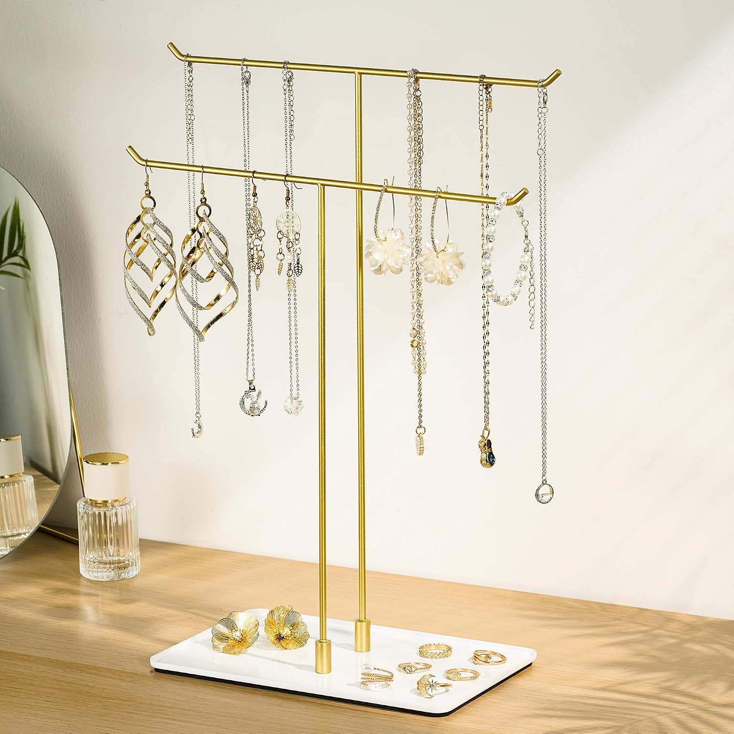 Necklace Holder Stand,Metal Jewelry Organizer for Home Decor,White and Gold