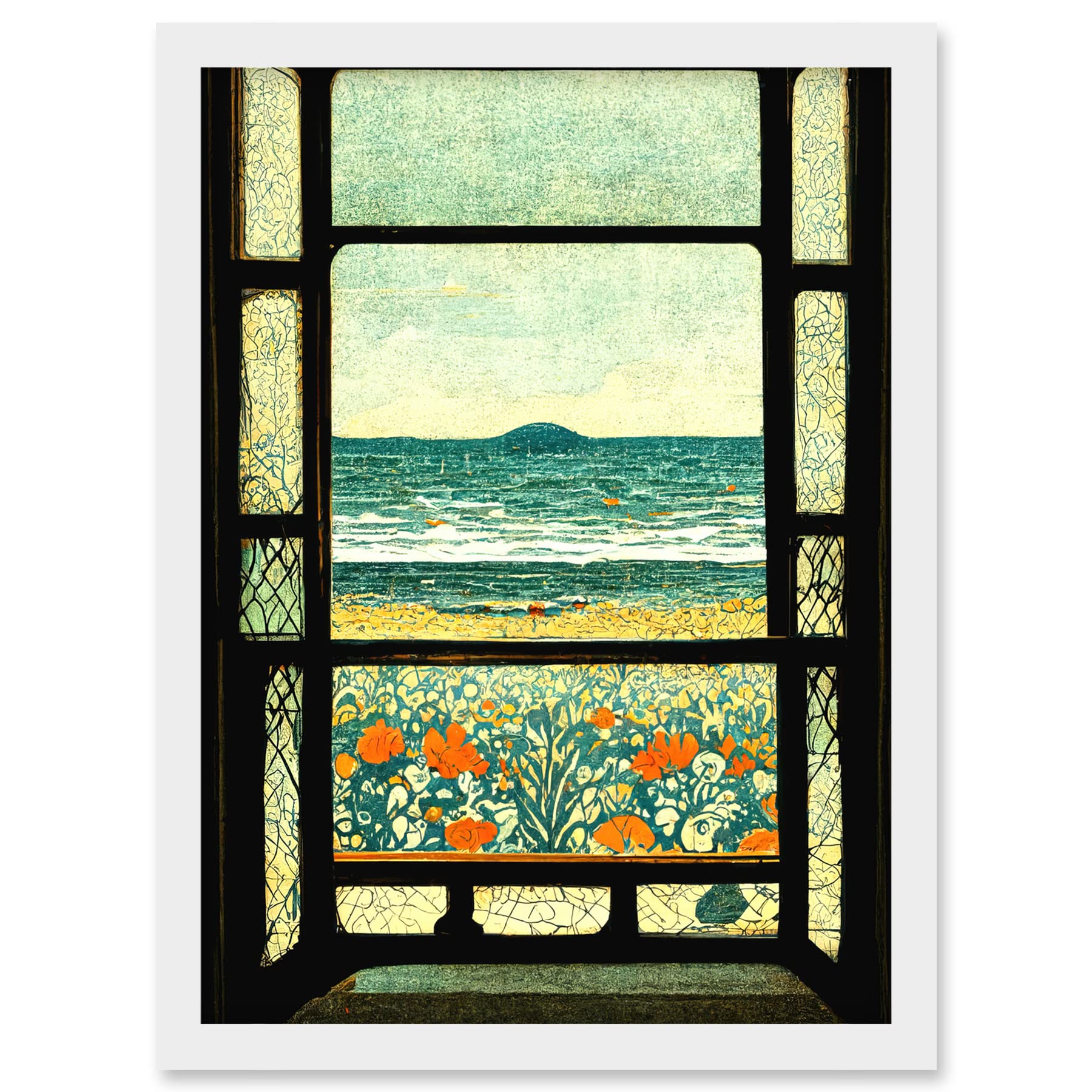 Doppelganger33 LTD A Sea View Seaside Beach Flowers William Morris Artwork Framed A3 Wall Art Print
