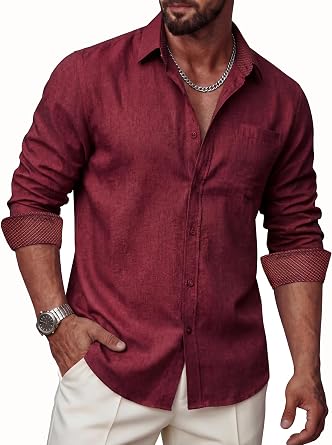 Mens Linen Shirts Long Sleeve Casual Button Down Shirt Untucked Regular Fit Contrast Collar Dress Shirt with Pocket