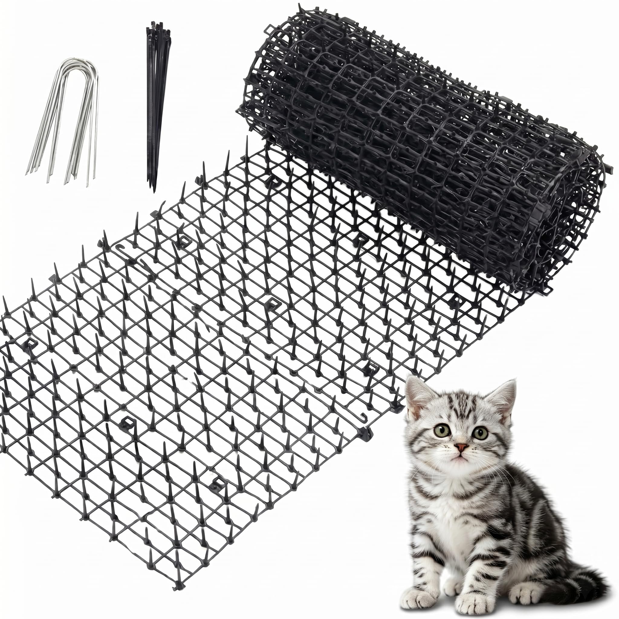 30x200CM Anti Cat Spikes - Black Plastic Cat Scat Mat with Spikes, Cat Repellent Mat Prickle Stirp Pet Deterrent Net with 10Pcs U-shaped Pegs and 15Pcs Ties for Garden, Fence, Indoor, Outdoor