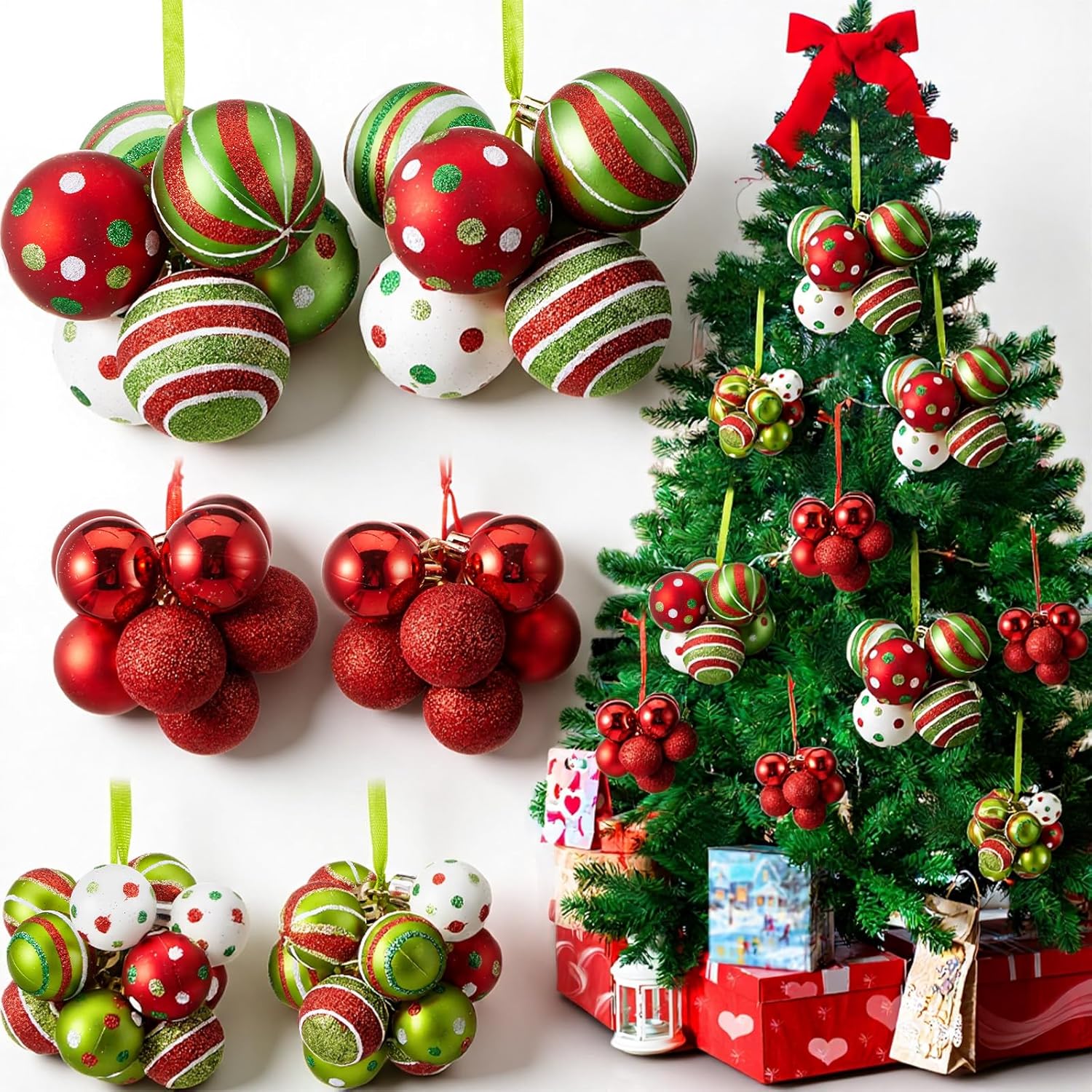 6 Sets 54 Pcs Christmas Ball Ornaments for Tree Pre Strung Candy Plastic Xmas Tree Decorations Shatterproof Christmas Balls Ornaments for Hanging Holiday Indoor Outdoor Home(Lime Green)