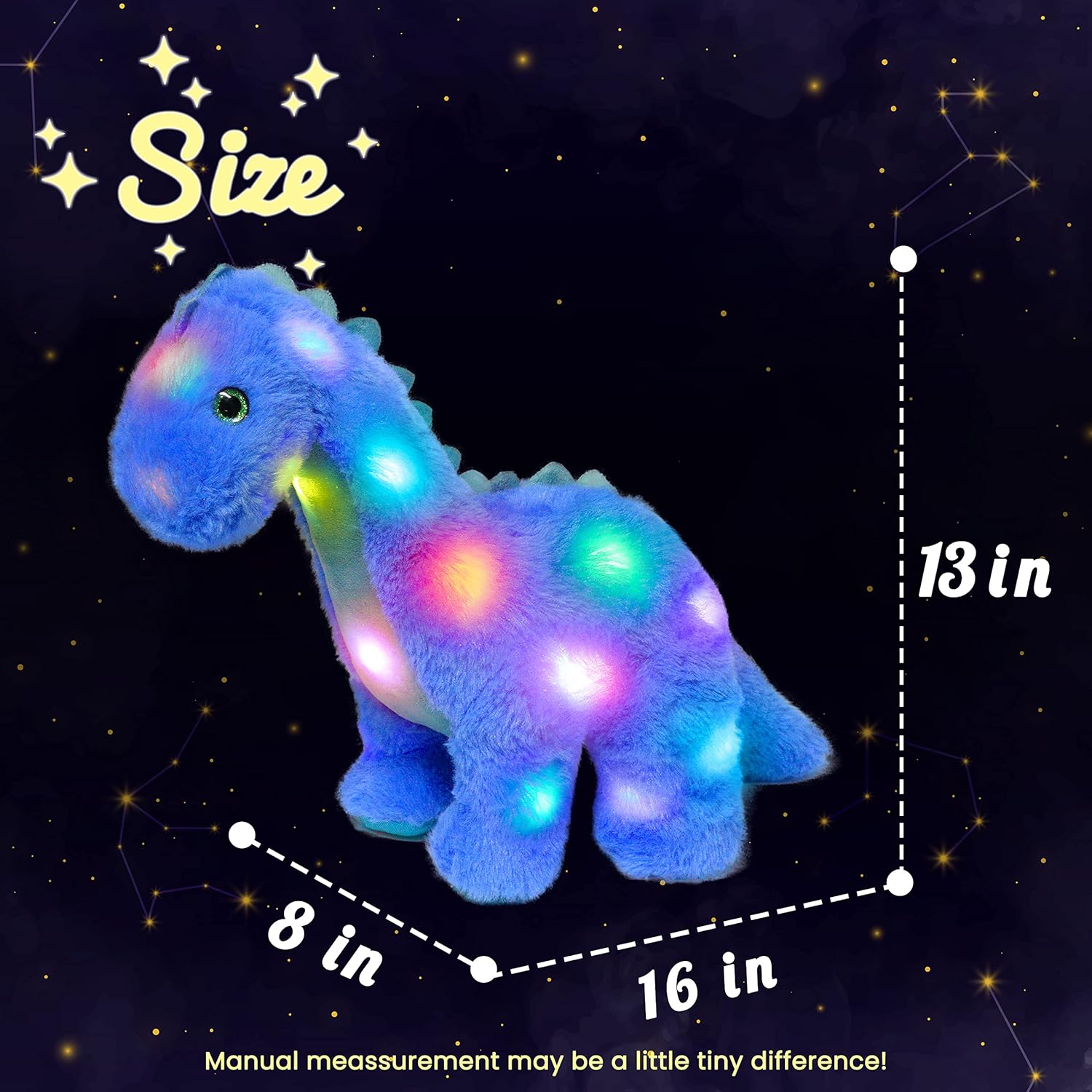 Hopearl LED Plush Dinosaur Light up Stuffed Diplodocus Animal with Long Neck Night Lights Glow in The Dark Birthday Gifts for Kids Toddler Girls, Blue, 16''