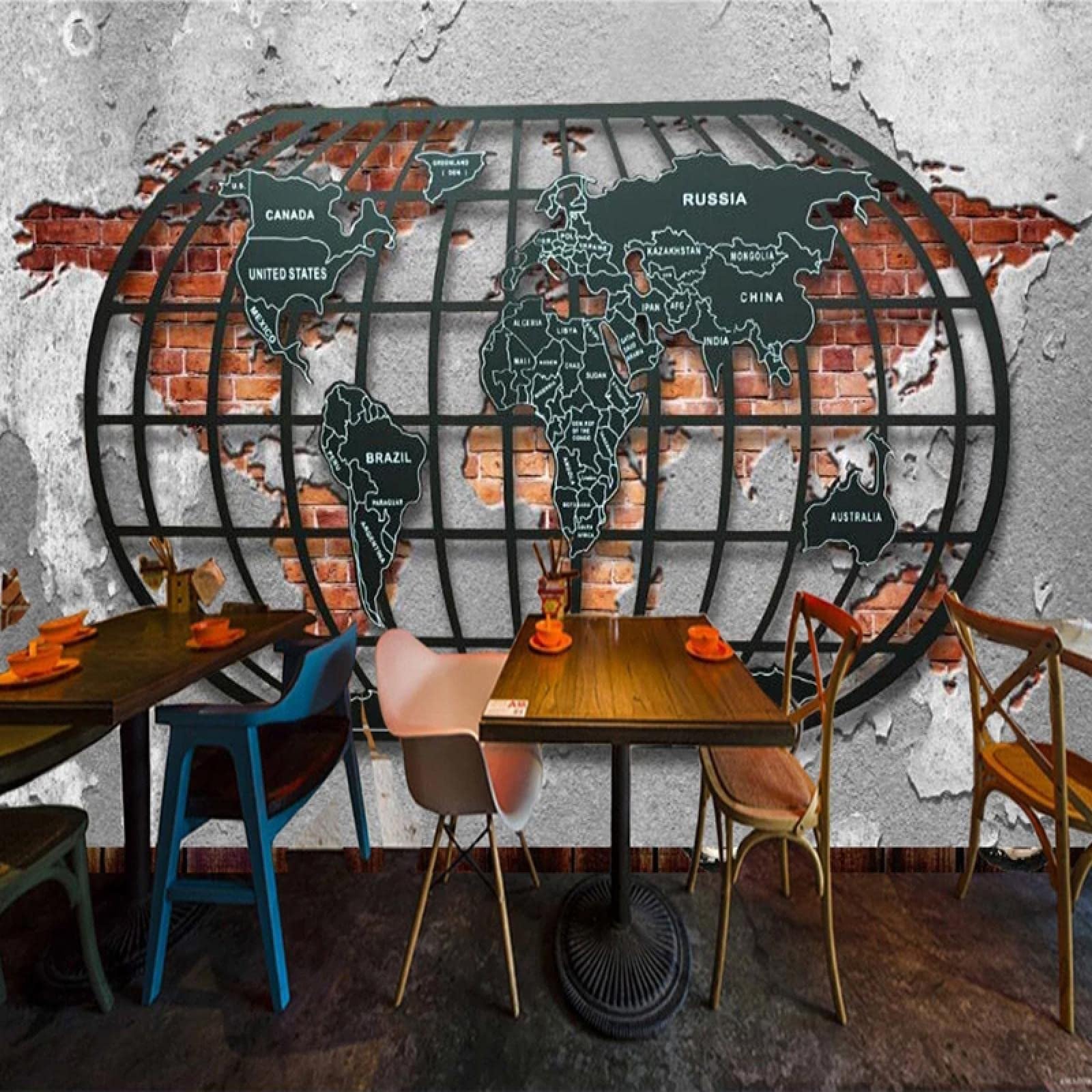 Carte Du Monde Bleu 3D - 42 Stickers Muraux Vinyle - Déco Papier Peint