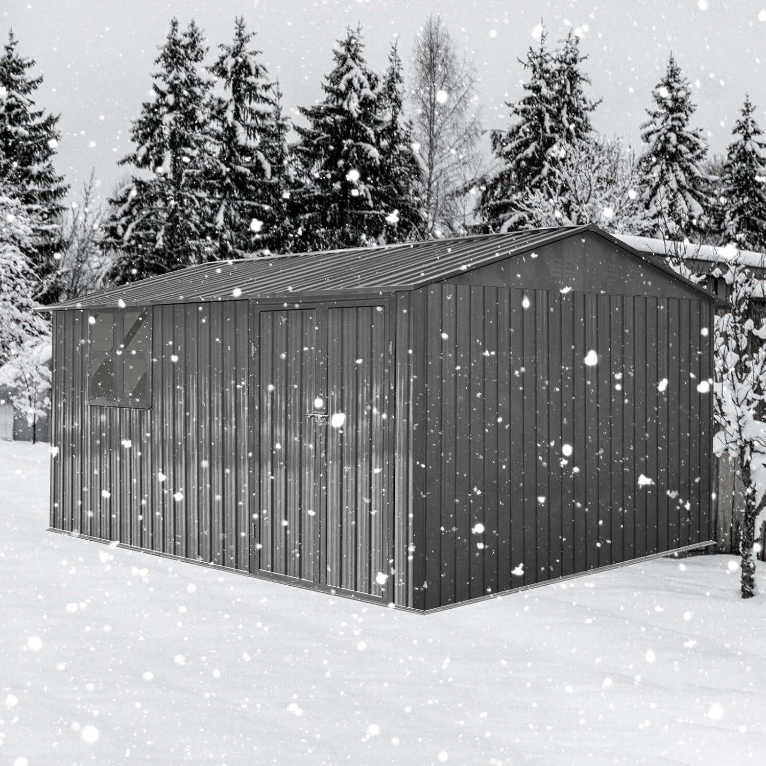 10x12 FT Outdoor Storage Shed, Large Metal Garden Shed with 4-pane Window, Outside Tool Shed with Lockable Hinged Doors & 4 Air Vents, Waterproof Storage Building for Backyard, Patio, Lawn, Gray