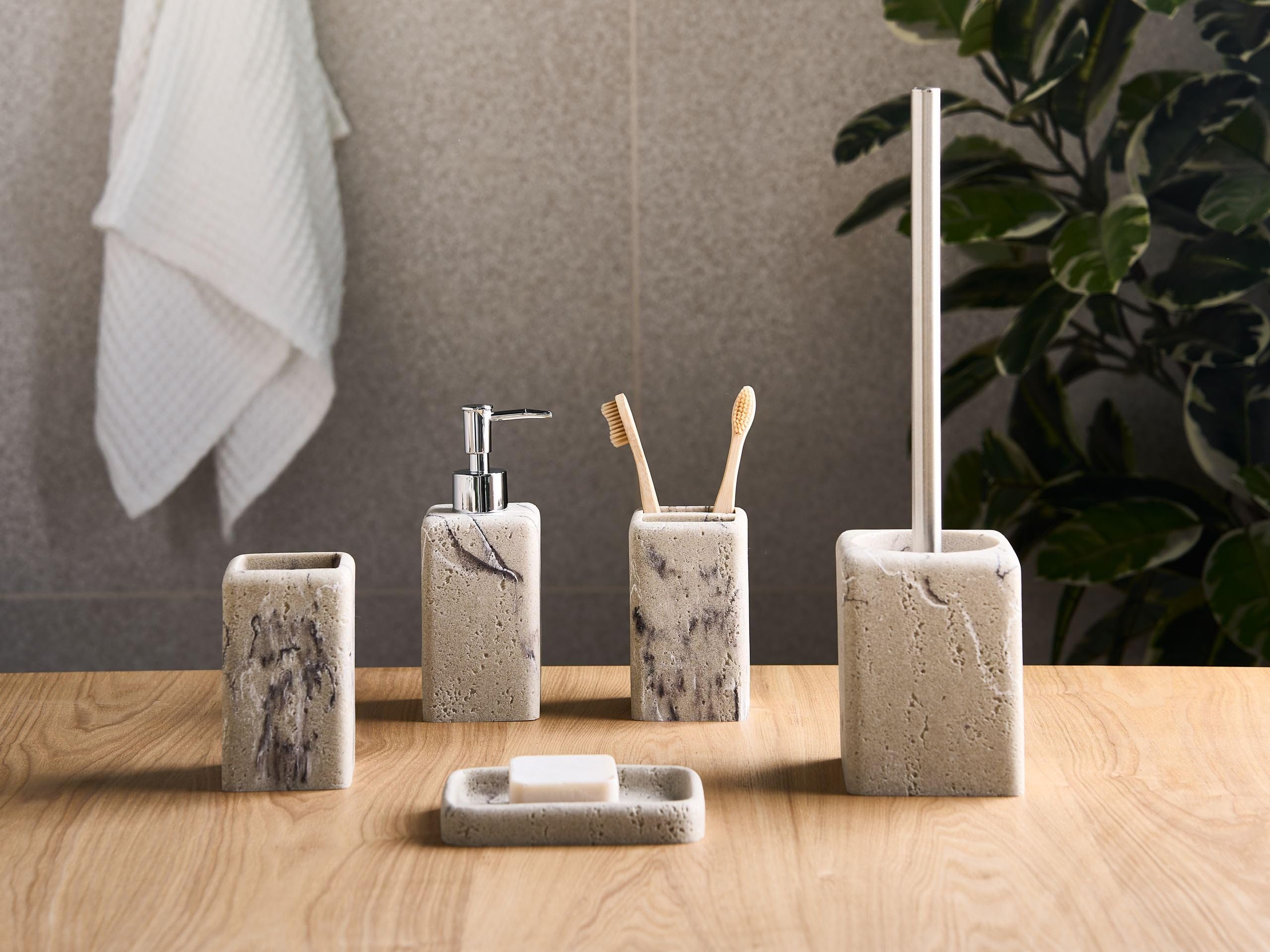 Conjunto de 5 Accesorios de baño jabonera dispensador de jabón escobilla de Inodoro Vaso Soporte cepillos Beige Vilcanota
